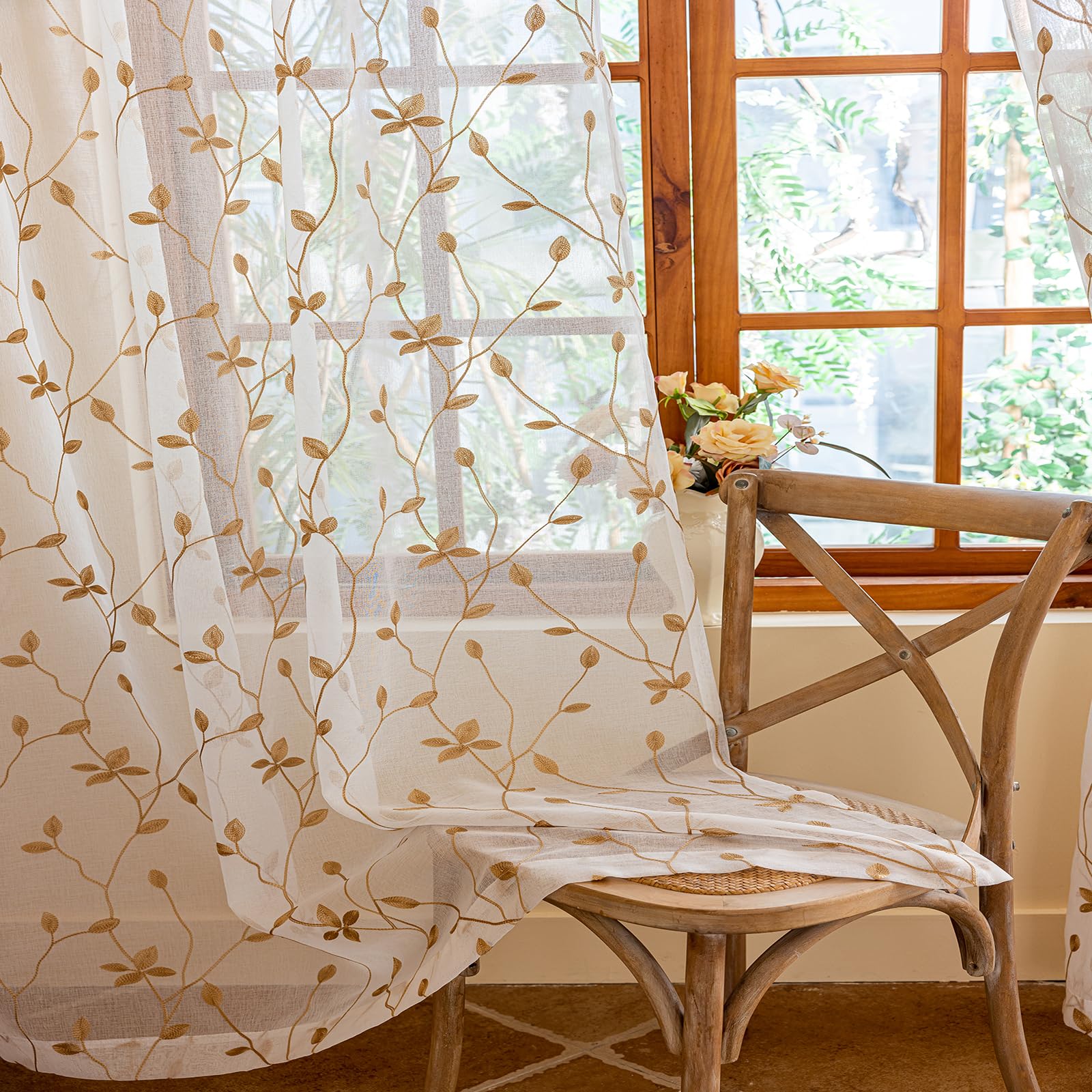 AmHoo 2 Panels Embroidered Leaf Pattern Semi Sheer Curtains Foliage Floral Voile Window Draperies Treatment for Bedroom Living Room Rod Pocket White Sage Green 53 x 84 Inch