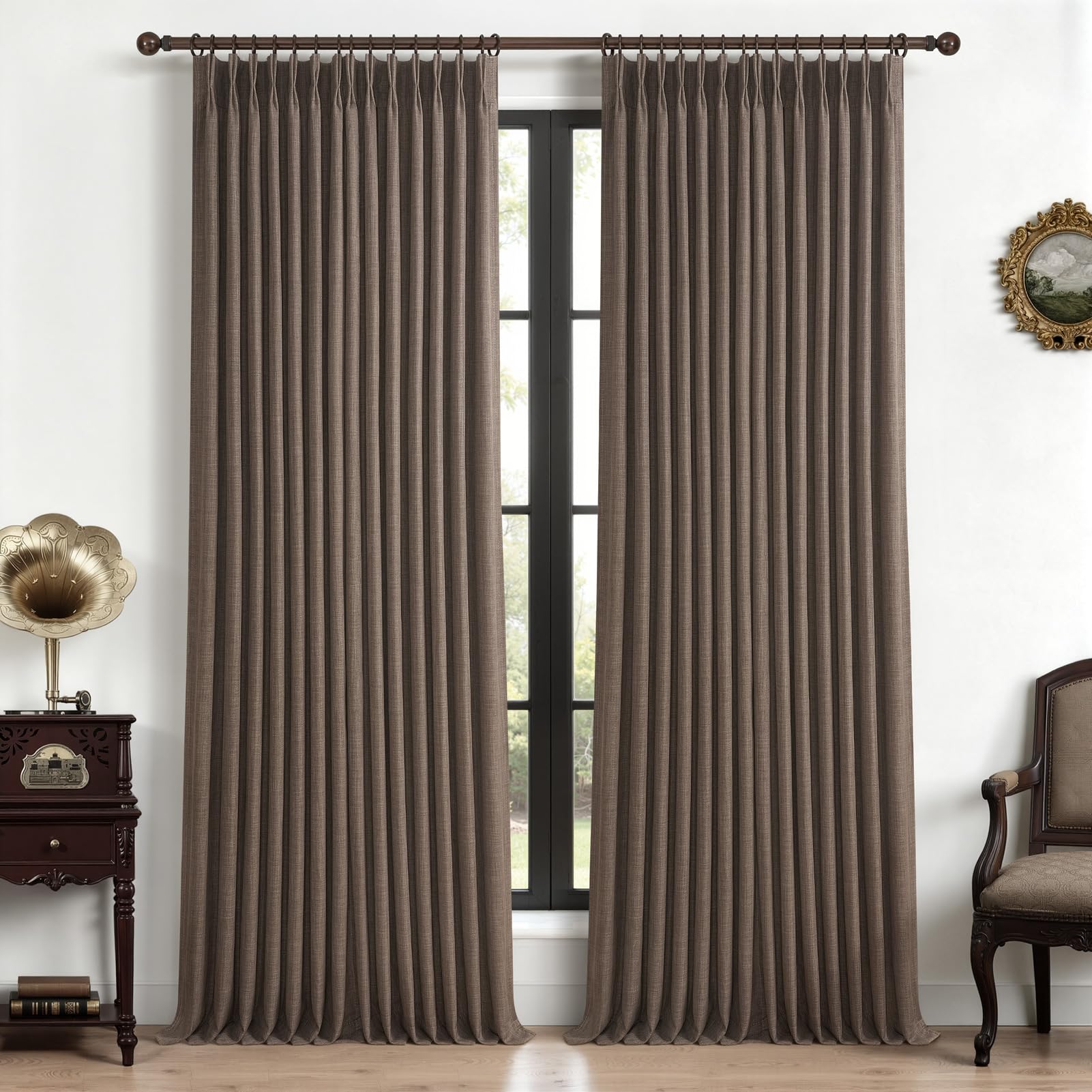 100% Blackout Linen 96 Inch Curtains 2 Panel Set for Bedroom, Modern Pinch Pleated Natural Linen Off Beige White Insulated Heavy Curtain 40 x 96 Inches Length Sliding Glass Door Room Darkening Drapes