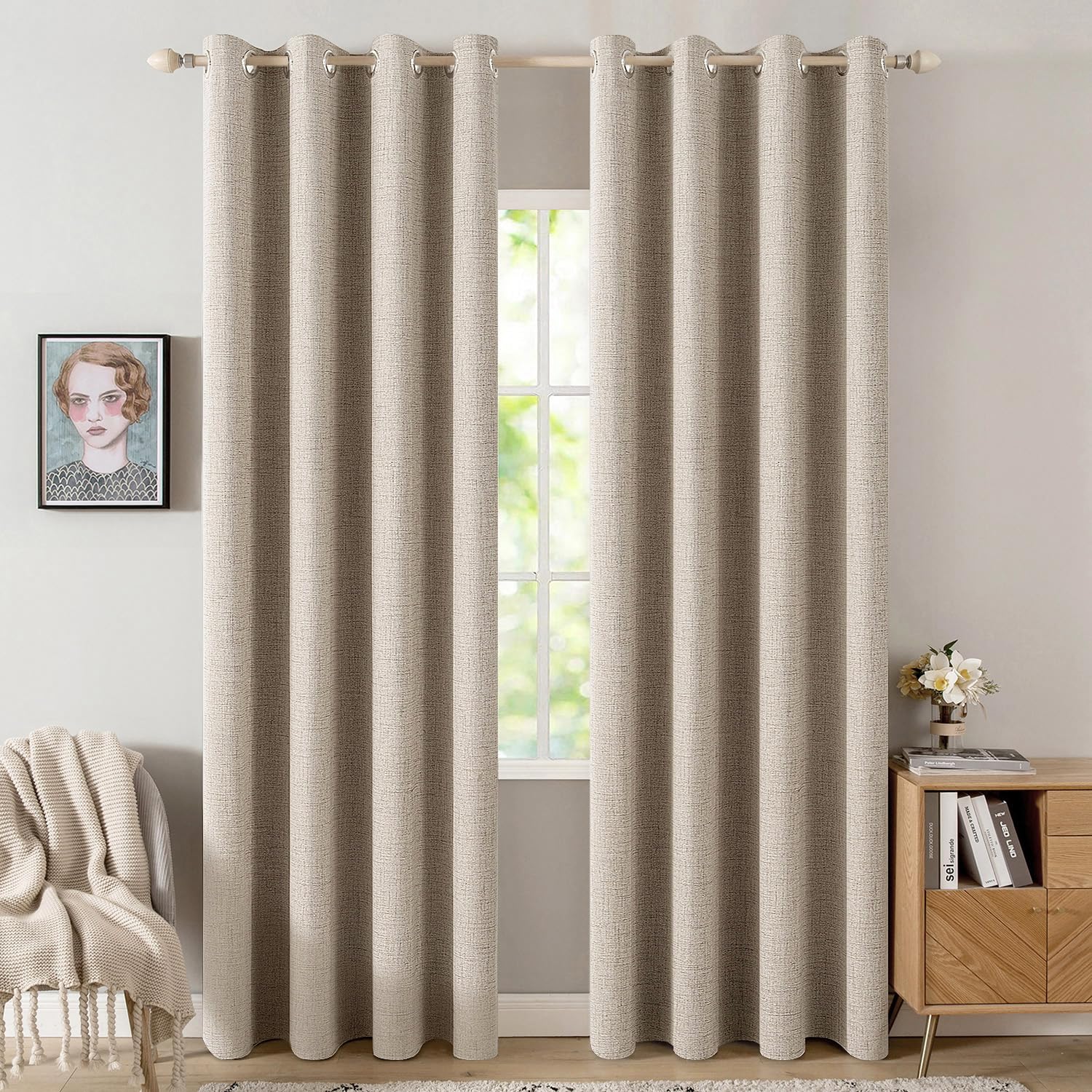 MIULEE 90 Inches Linen Textured Curtains for Bedroom 100% Blackout Thermal Insulated Natural Beige Grommet Room Darkening Curtains & Drapes Luxury Decor for Living Room Nursery 52 x 90 Inch (2 Panels)