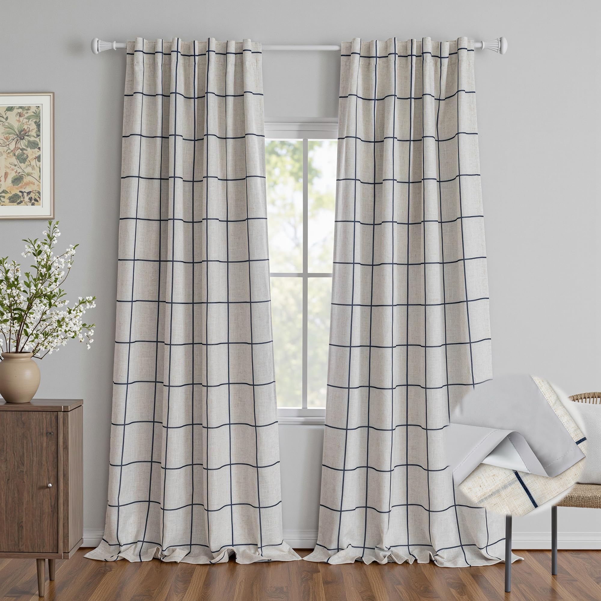 MYSKY HOME 100% Blackout Plaid Farmhouse Linen Curtains 84 Inch Long for Living Room Double Layer Windowpane Drapes Thermal Insulated Privacy Protection Rod Pocket Back Tab, 52" W, Black, 1 Panel