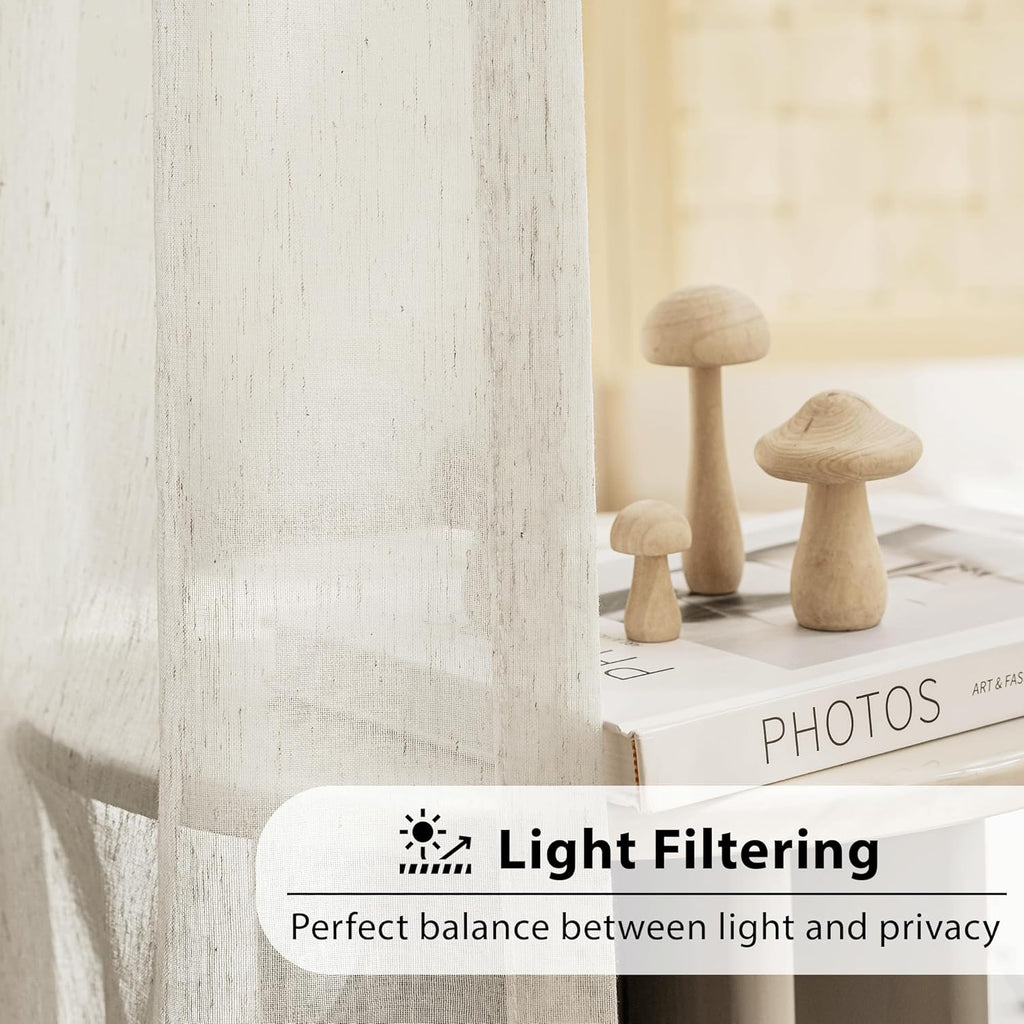 FMFUNCTEX Linen Sheer Curtains for Bedroom, Beige Curtains 84 inches Long for Living Room, Natural Flax Blend Window Draperies for Farmhouse Curtain, Rod Pocket 2 Panels