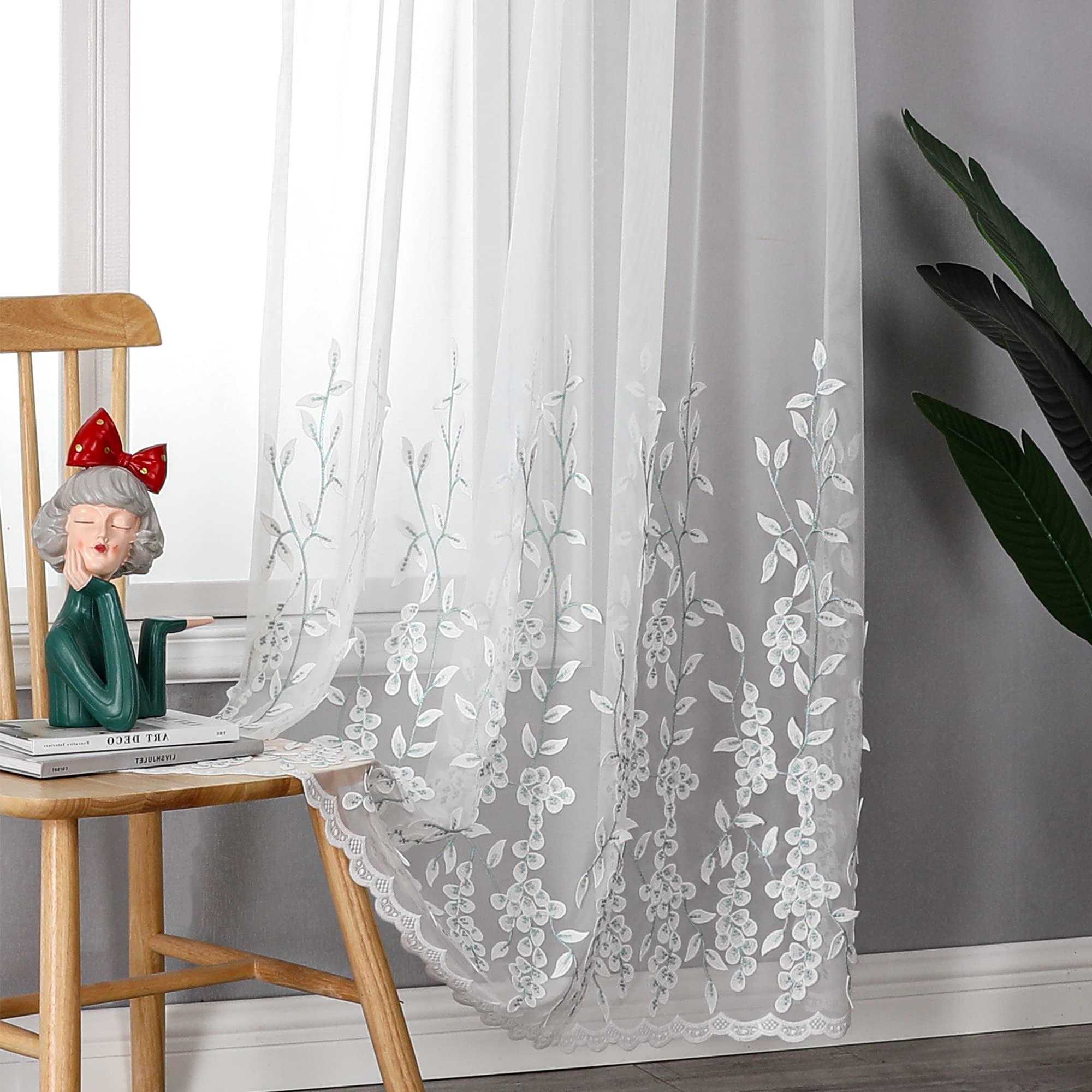VISIONTEX Sheer Curtains 84 Inches Long 2 Panels Set Cream Beige Embroidered Floral Leaf Pattern Rod Pocket Semi Sheer Voile Window Curtains/Drapes for Bedroom Living Room 54 x 84 Inches