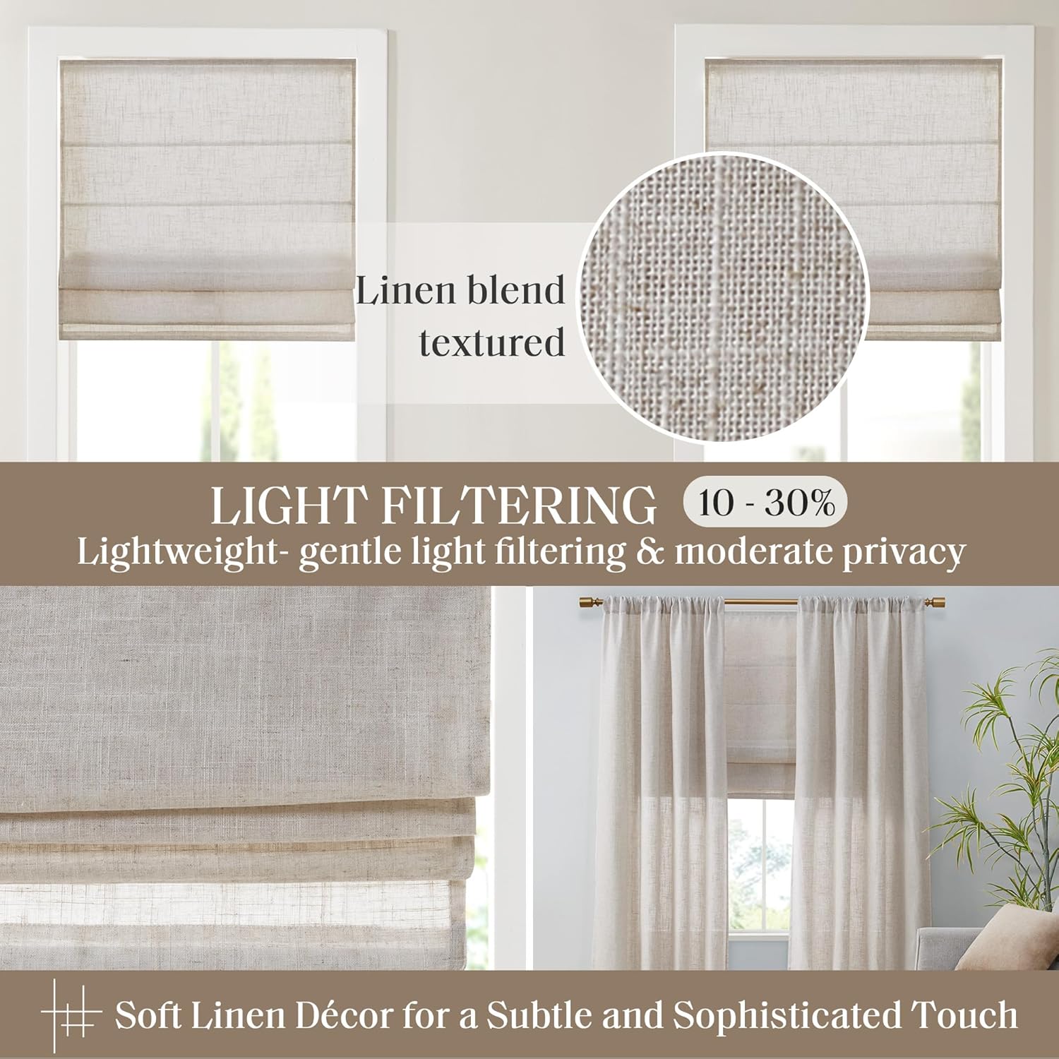 Madison Park Kyler Cordless Roman Shades - Single Panel, Lightweight Linen Blend Fabric, Natural Design, Easy Installation, Light Filtering Window Blind, Bedroom, Living Room Decor 31"W x 64"H Natural