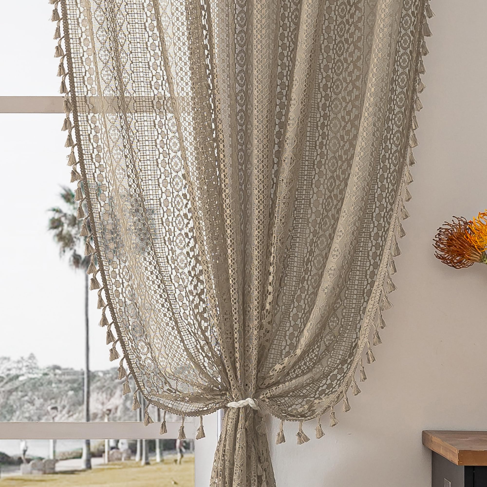 WAZZIO Boho Crochet Curtains for Living Room Lace Curtains 84 Inches Long 2 Panel, Rod Pocket Vintage Tassel Bohemian Decor Geometry Striped Light Filtering Semi Sheer Curtain Drapes for Bedroom,Beige