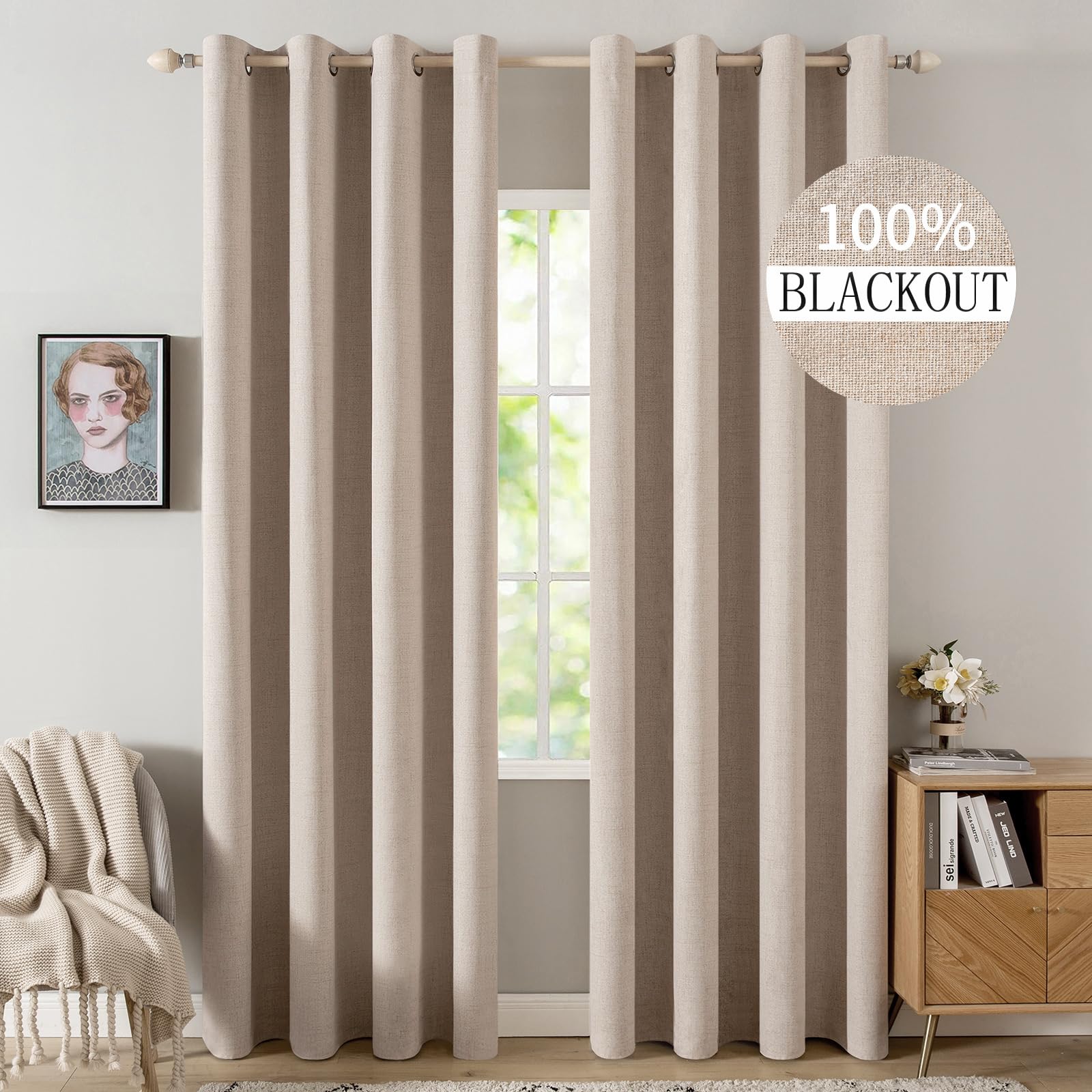 MIULEE 90 Inches Linen Textured Curtains for Bedroom 100% Blackout Thermal Insulated Natural Beige Grommet Room Darkening Curtains & Drapes Luxury Decor for Living Room Nursery 52 x 90 Inch (2 Panels)