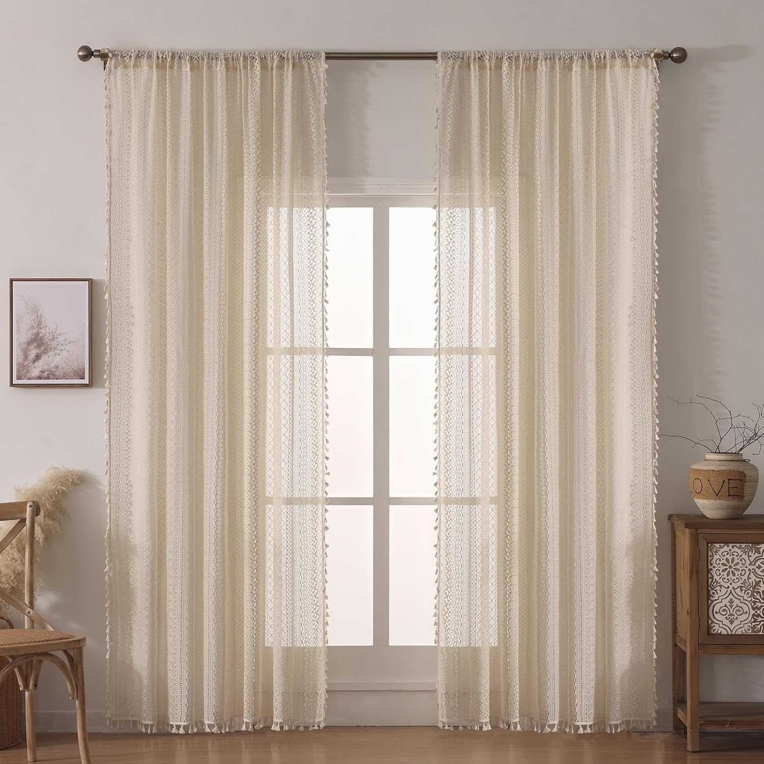 WAZZIO Boho Crochet Curtains for Living Room Lace Curtains 84 Inches Long 2 Panel, Rod Pocket Vintage Tassel Bohemian Decor Geometry Striped Light Filtering Semi Sheer Curtain Drapes for Bedroom,Beige