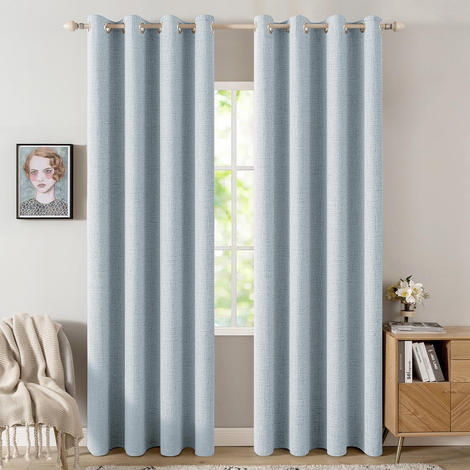 MIULEE 90 Inches Linen Textured Curtains for Bedroom 100% Blackout Thermal Insulated Natural Beige Grommet Room Darkening Curtains & Drapes Luxury Decor for Living Room Nursery 52 x 90 Inch (2 Panels)