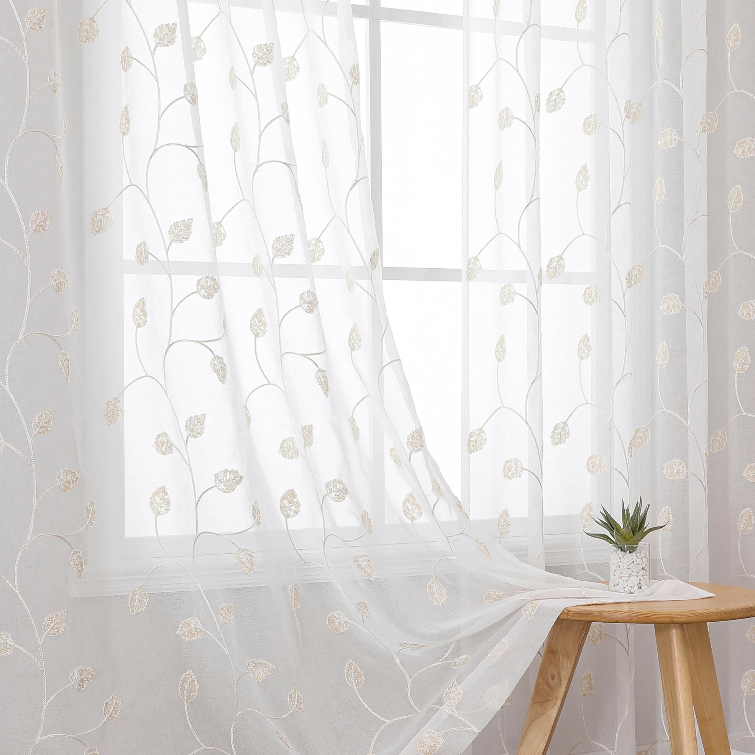 VISIONTEX Sheer Curtains 84 Inches Long 2 Panels Set Cream Beige Embroidered Floral Leaf Pattern Rod Pocket Semi Sheer Voile Window Curtains/Drapes for Bedroom Living Room 54 x 84 Inches