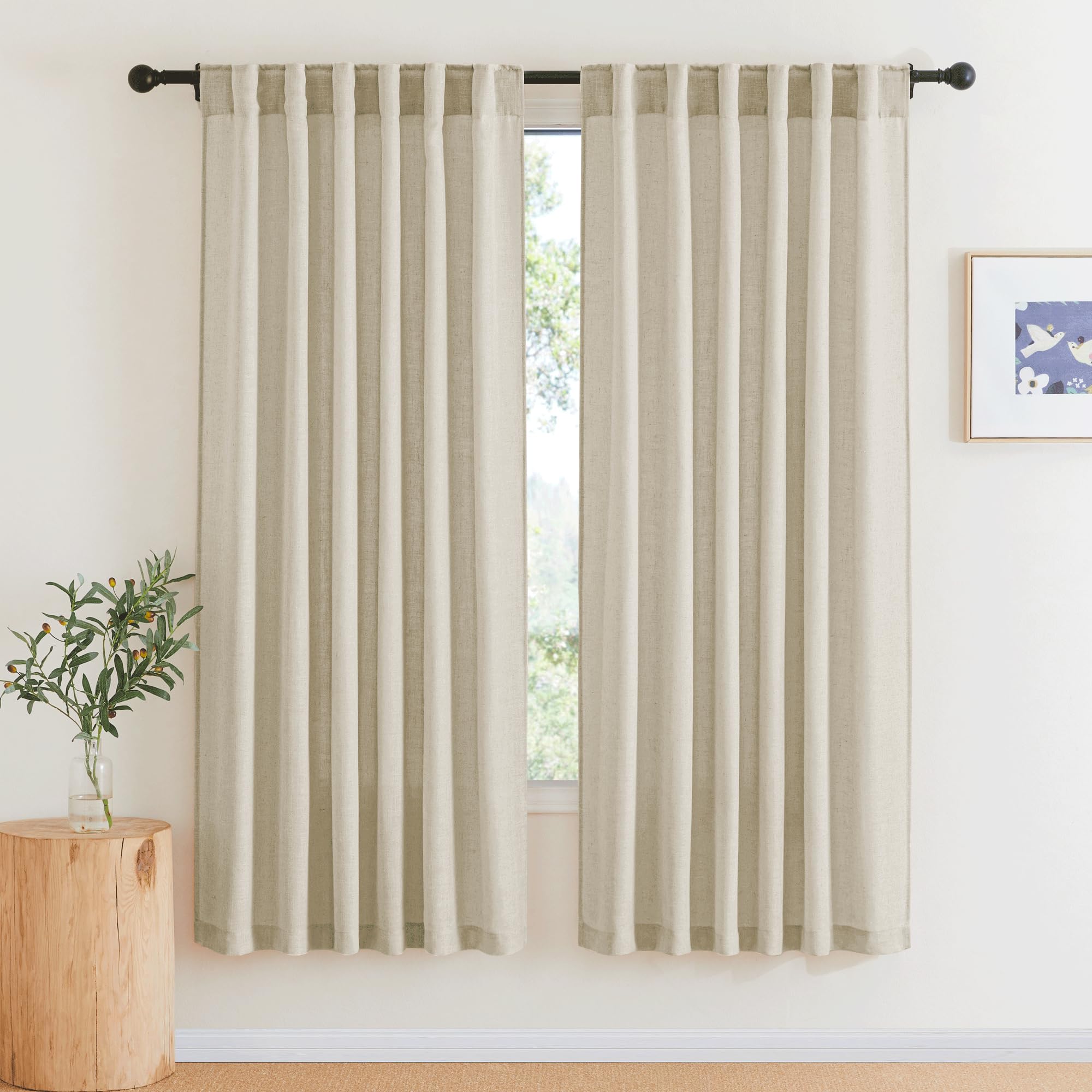 RYB HOME White Sheer Curtains Linen Texture Window Panels, Semi Sheer Light Filetring Rod Pocket & Back Tab Drapes for Bedroom, 52 x 84 inches, Pack of 2