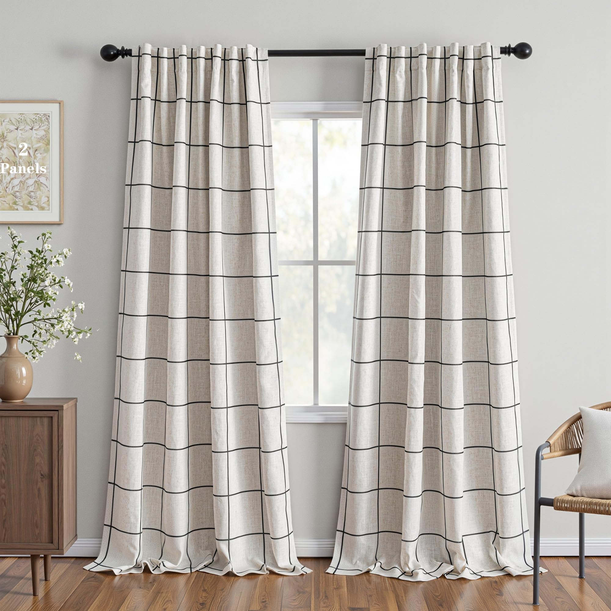 MYSKY HOME 100% Blackout Plaid Farmhouse Linen Curtains 84 Inch Long for Living Room Double Layer Windowpane Drapes Thermal Insulated Privacy Protection Rod Pocket Back Tab, 52" W, Black, 1 Panel