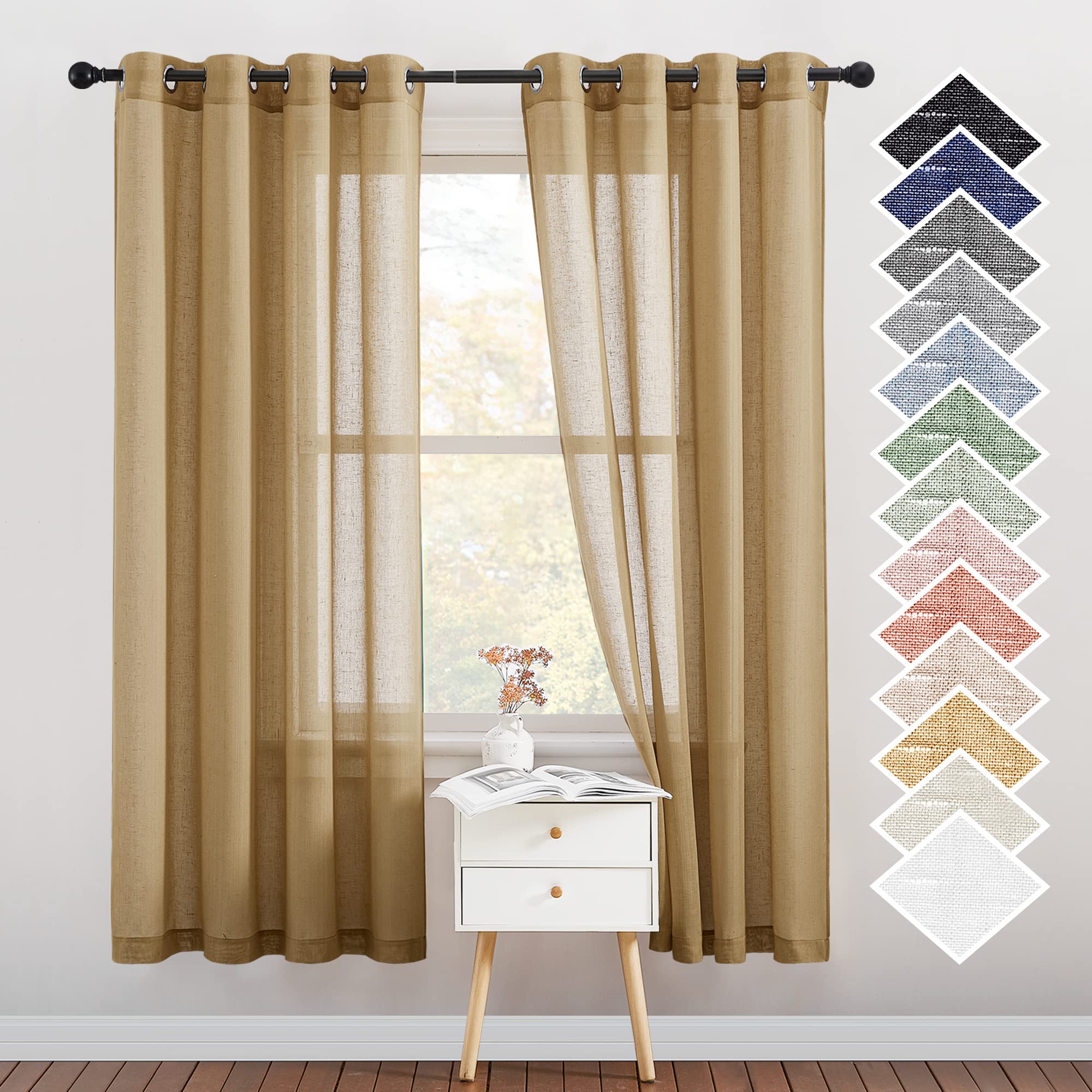 NICETOWN Semi Sheer Beige Curtains 84 inches Long, Grommet Retro Linen Curtains Window Treatments Vertical Drapes Privacy with Light Filter for Living Room, W52 x L84, 2 Panels