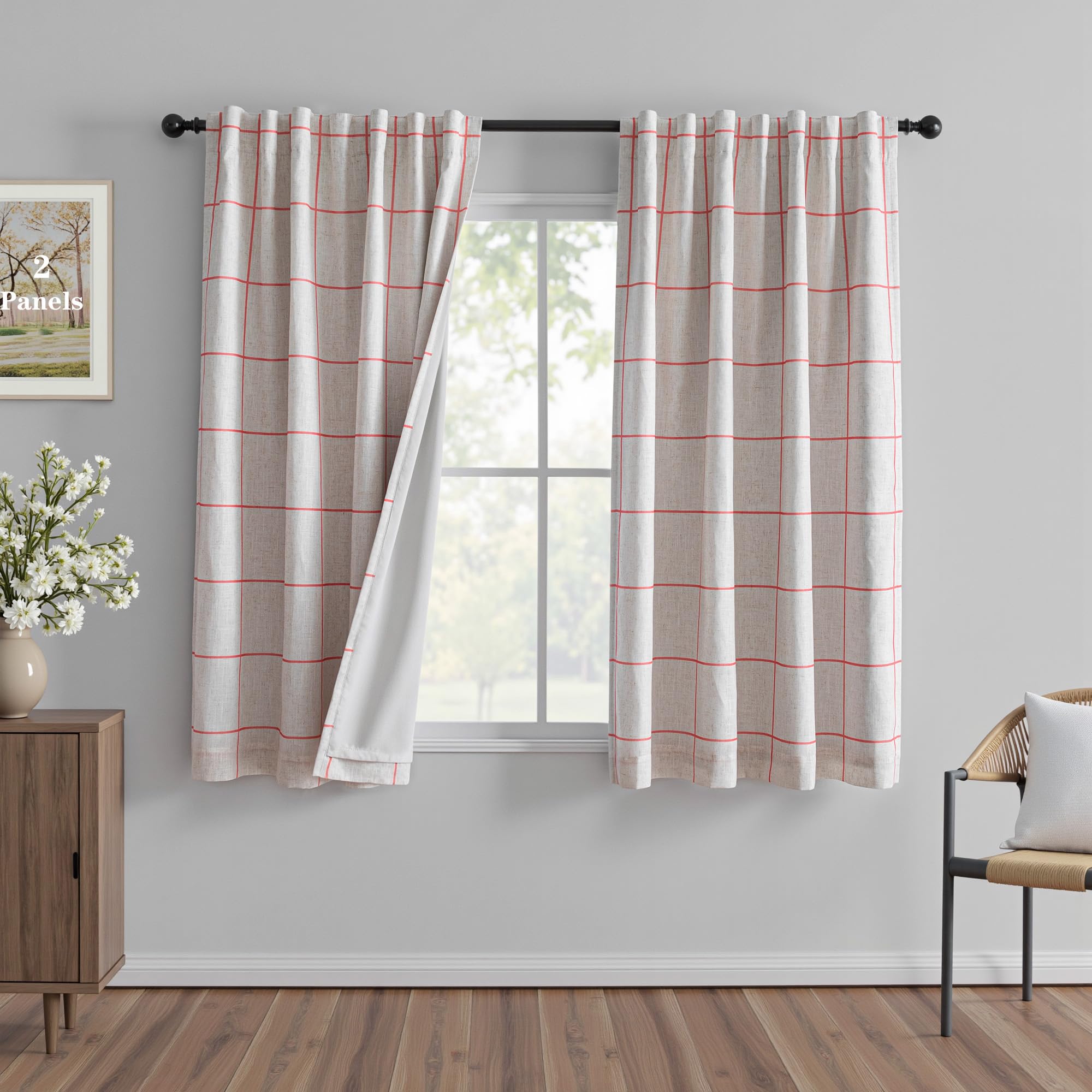 MYSKY HOME 100% Blackout Plaid Farmhouse Linen Curtains 84 Inch Long for Living Room Double Layer Windowpane Drapes Thermal Insulated Privacy Protection Rod Pocket Back Tab, 52" W, Black, 1 Panel
