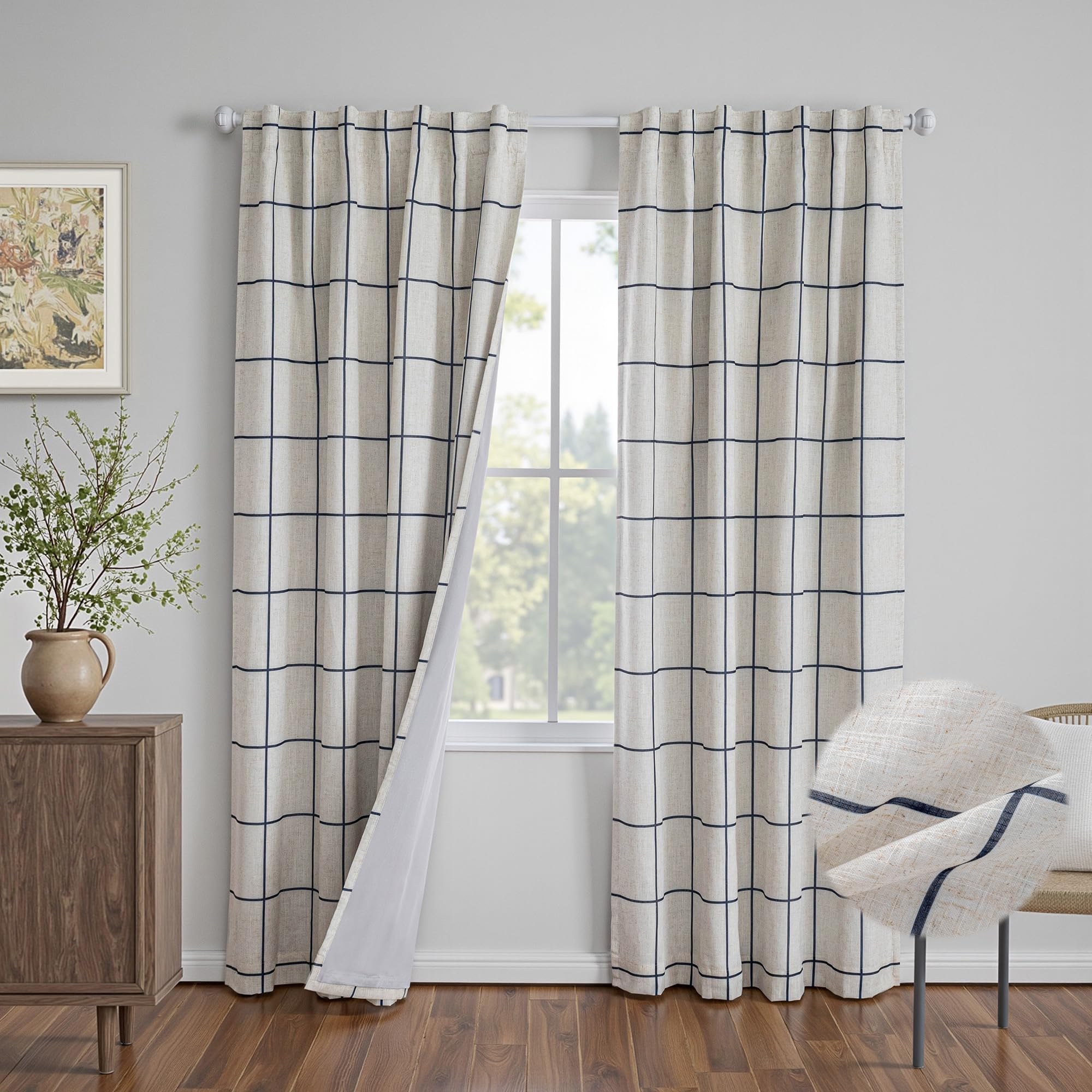 MYSKY HOME 100% Blackout Plaid Farmhouse Linen Curtains 84 Inch Long for Living Room Double Layer Windowpane Drapes Thermal Insulated Privacy Protection Rod Pocket Back Tab, 52" W, Black, 1 Panel