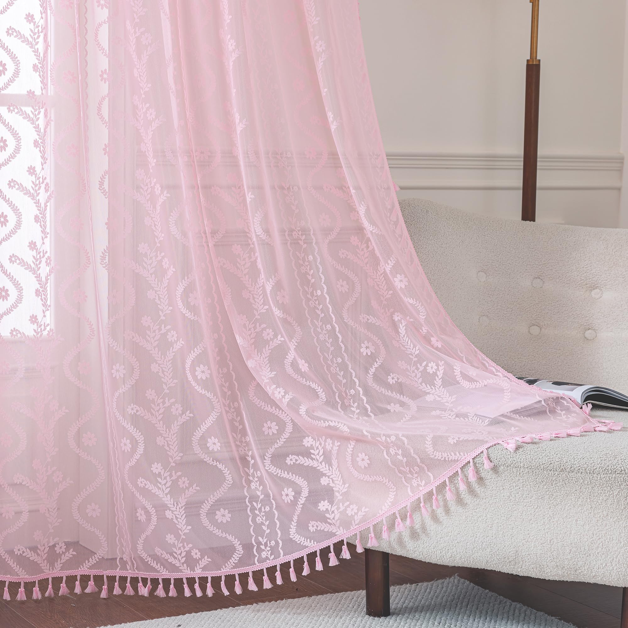 WAZZIO Boho Lace Curtains 2 Panels 84 Inches Long-Cute Vintage Victorian Sheer Panels with French Country Flower Pattern & Tassel Light Filtering Privacy for Bedroom Dining Living Room,Beige