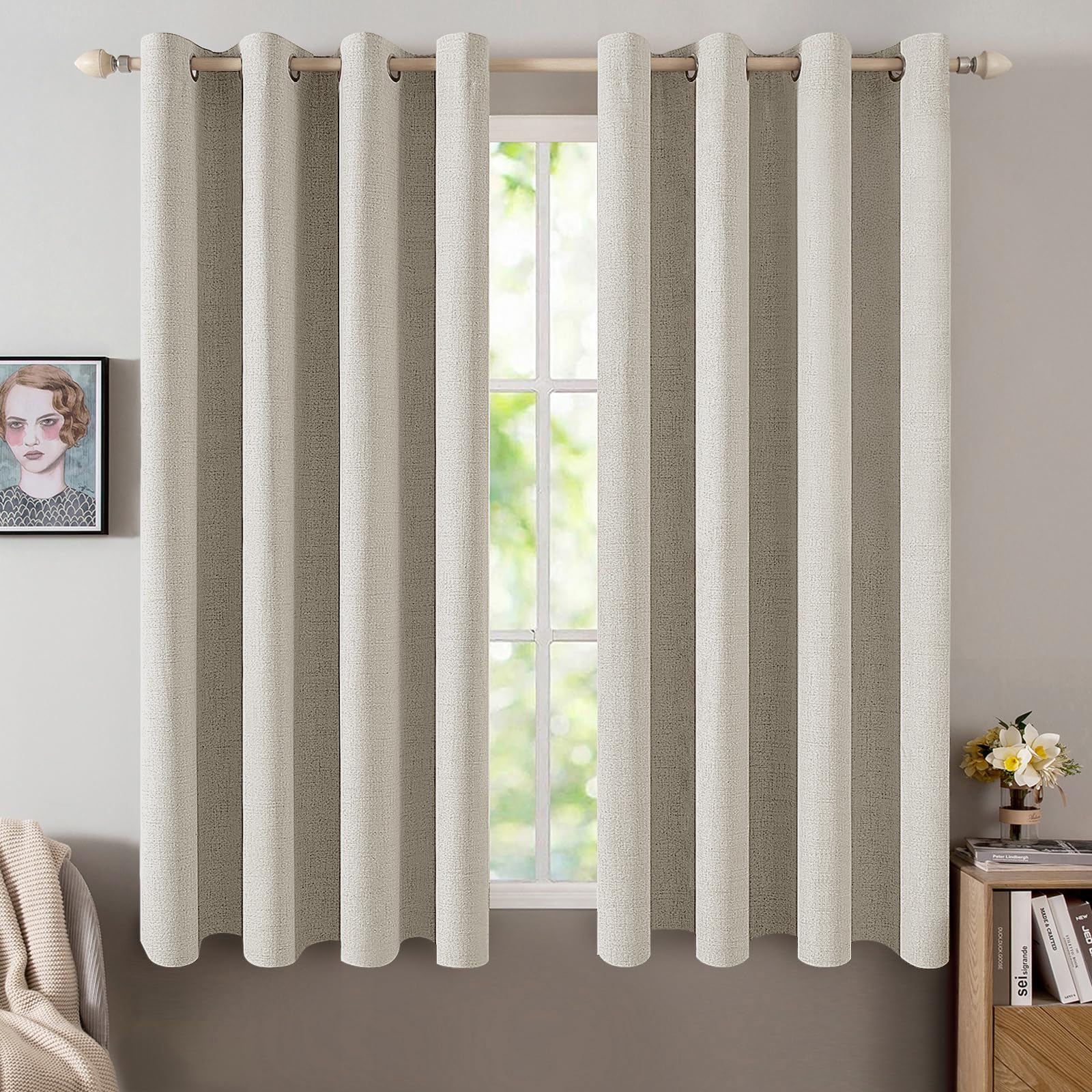MIULEE 90 Inches Linen Textured Curtains for Bedroom 100% Blackout Thermal Insulated Natural Beige Grommet Room Darkening Curtains & Drapes Luxury Decor for Living Room Nursery 52 x 90 Inch (2 Panels)