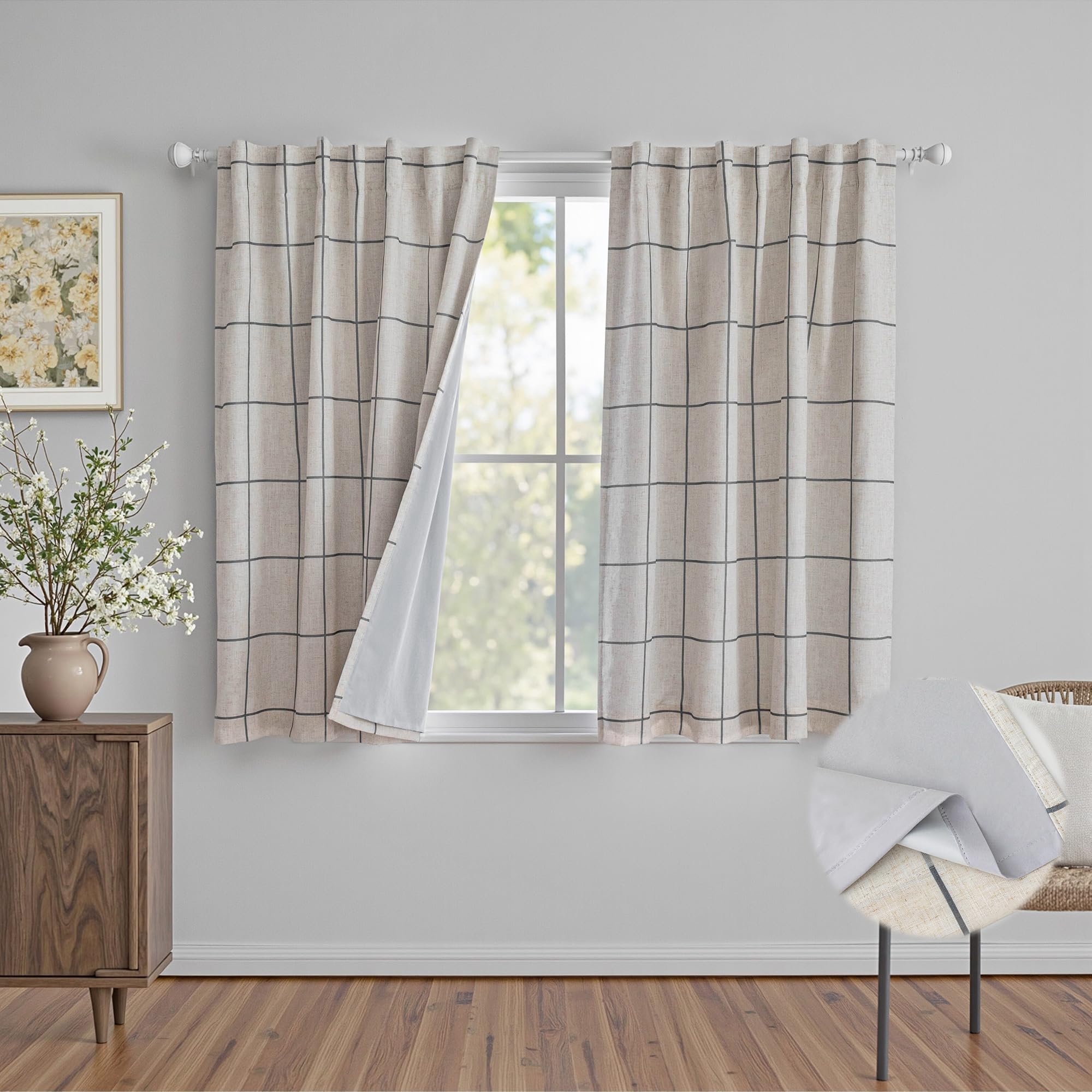 MYSKY HOME 100% Blackout Plaid Farmhouse Linen Curtains 84 Inch Long for Living Room Double Layer Windowpane Drapes Thermal Insulated Privacy Protection Rod Pocket Back Tab, 52" W, Black, 1 Panel