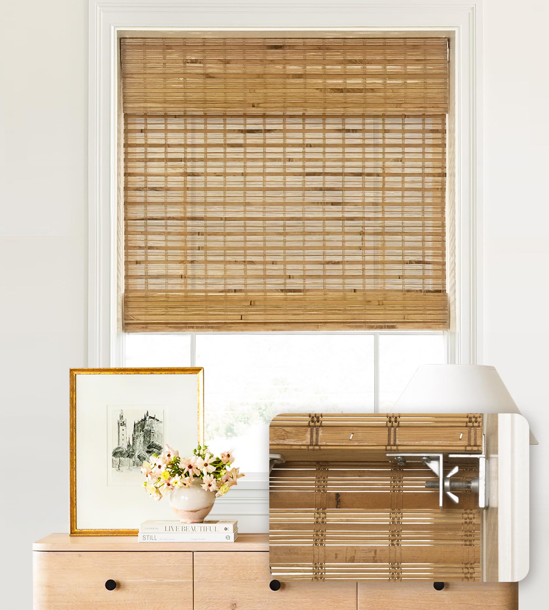 LazBlinds No Tools No Drill Cordless Bamboo Roman Shades, Light Filtering Window Treatment, Roll Up Bamboo Blinds for Windows 35'' W x 64'' H, Brown