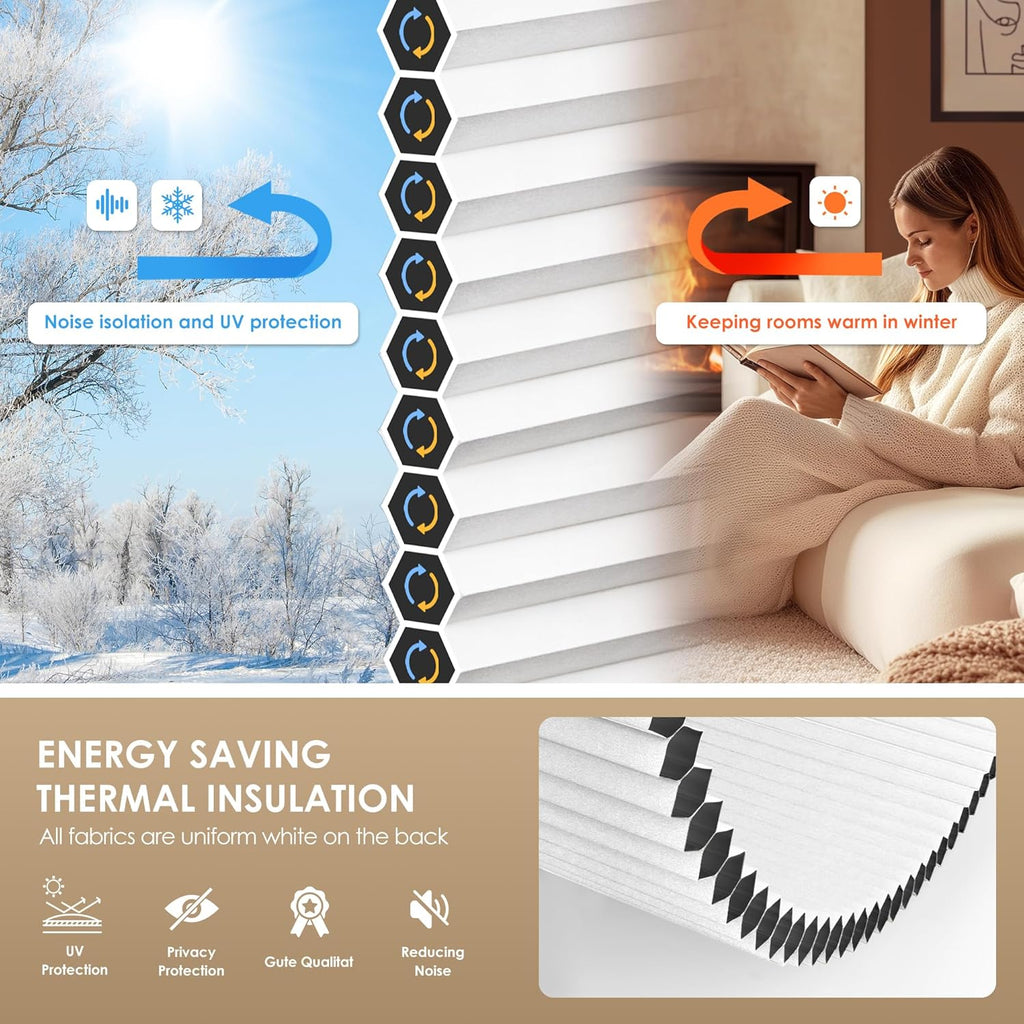 LazBlinds No Tools No Drill Cordless Cellular Shades, Blackout Light Blocking Honeycomb Shades for Home, Thermal Insulation Blinds for Windows, 22" W x 36" H, White