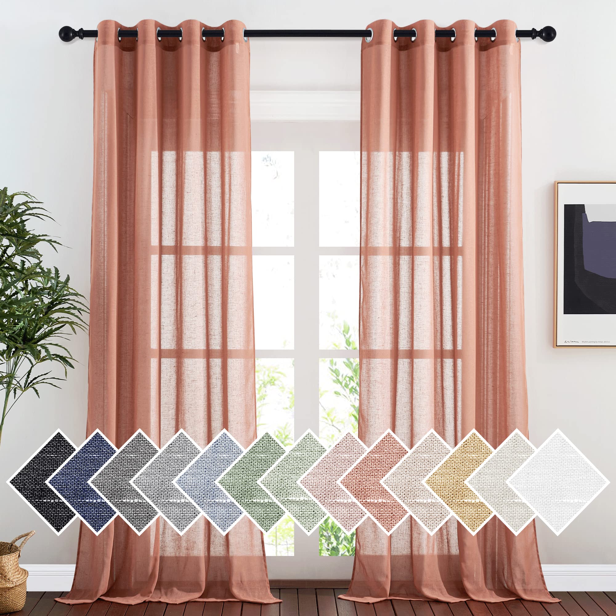 NICETOWN Semi Sheer Beige Curtains 84 inches Long, Grommet Retro Linen Curtains Window Treatments Vertical Drapes Privacy with Light Filter for Living Room, W52 x L84, 2 Panels