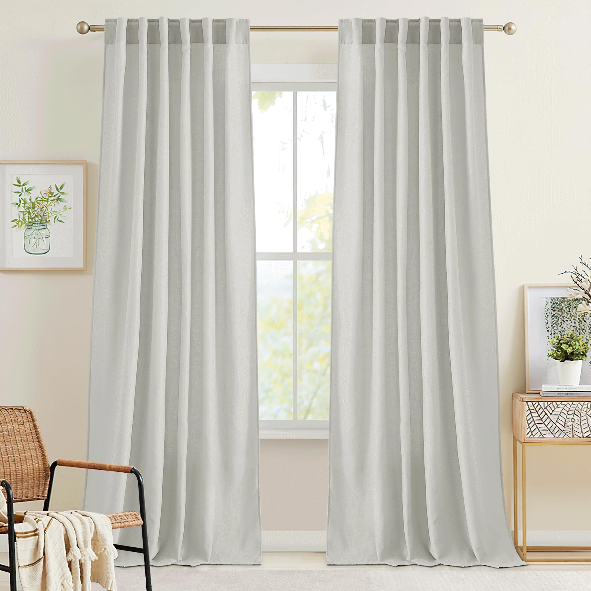 RYB HOME White Sheer Curtains Linen Texture Window Panels, Semi Sheer Light Filetring Rod Pocket & Back Tab Drapes for Bedroom, 52 x 84 inches, Pack of 2
