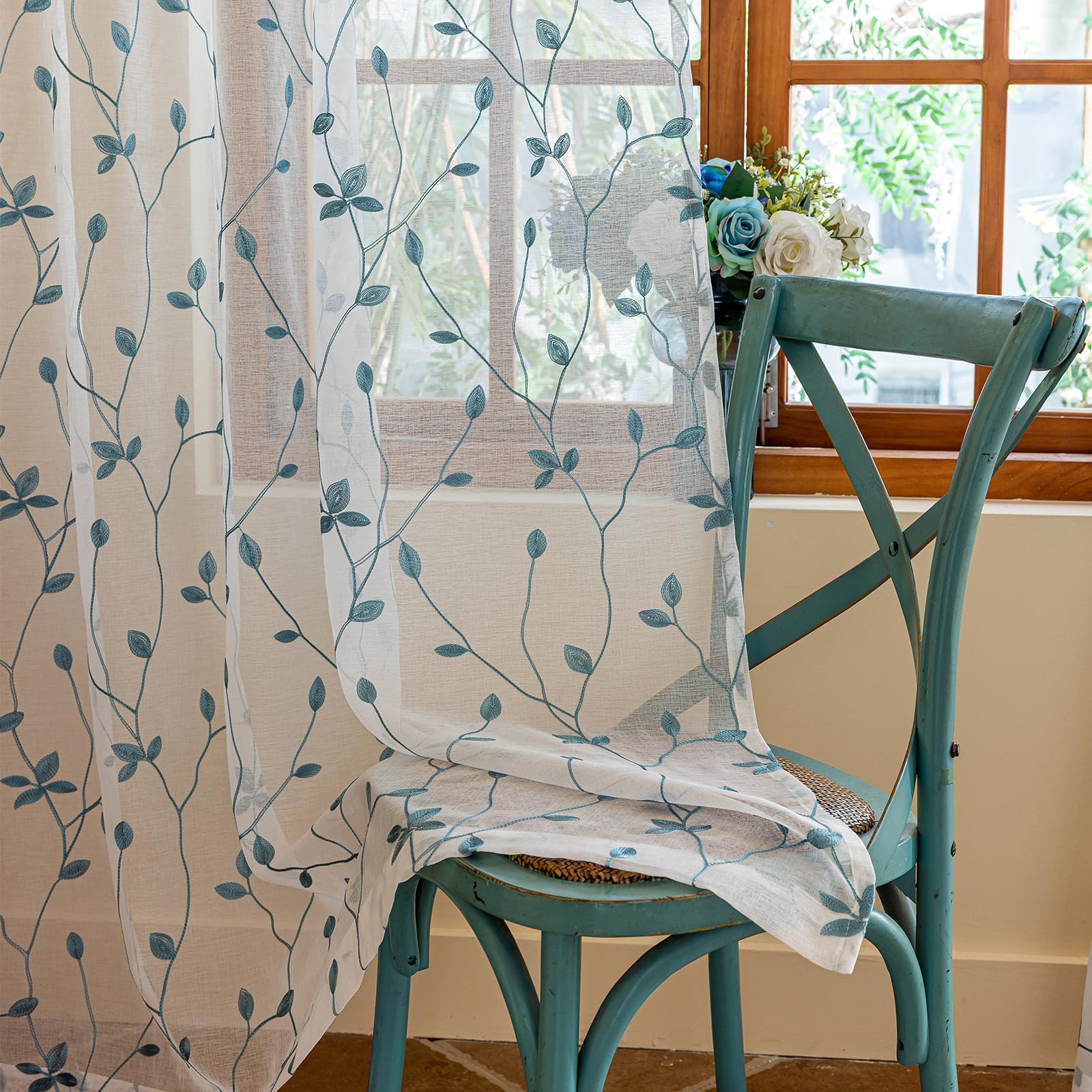 AmHoo 2 Panels Embroidered Leaf Pattern Semi Sheer Curtains Foliage Floral Voile Window Draperies Treatment for Bedroom Living Room Rod Pocket White Sage Green 53 x 84 Inch