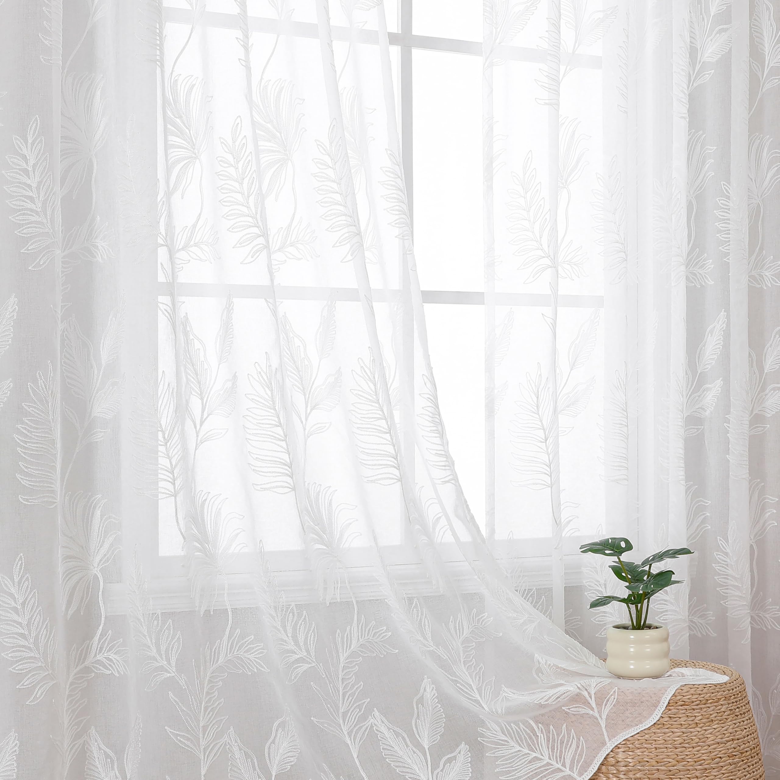 VISIONTEX Sheer Curtains 84 Inches Long 2 Panels Set Cream Beige Embroidered Floral Leaf Pattern Rod Pocket Semi Sheer Voile Window Curtains/Drapes for Bedroom Living Room 54 x 84 Inches