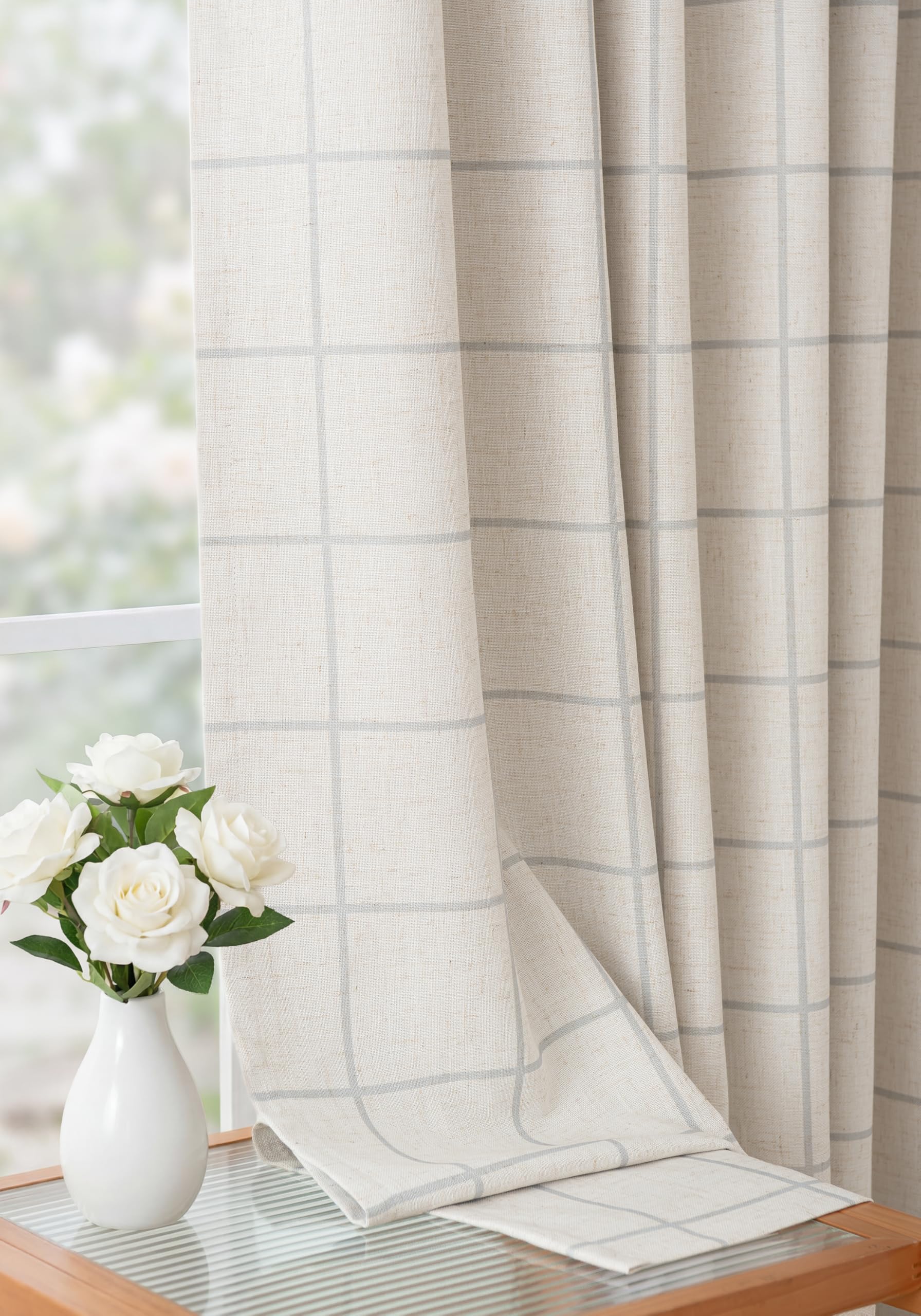 THREE GIRLS Pinch Pleated Plaid Curtains Blackout Linen Gingham Curtains for Living Room,Bedroom Checkered Patterned Insulated 84 Inches Long Double Layer 2 Panels Set Printed Design Darkening