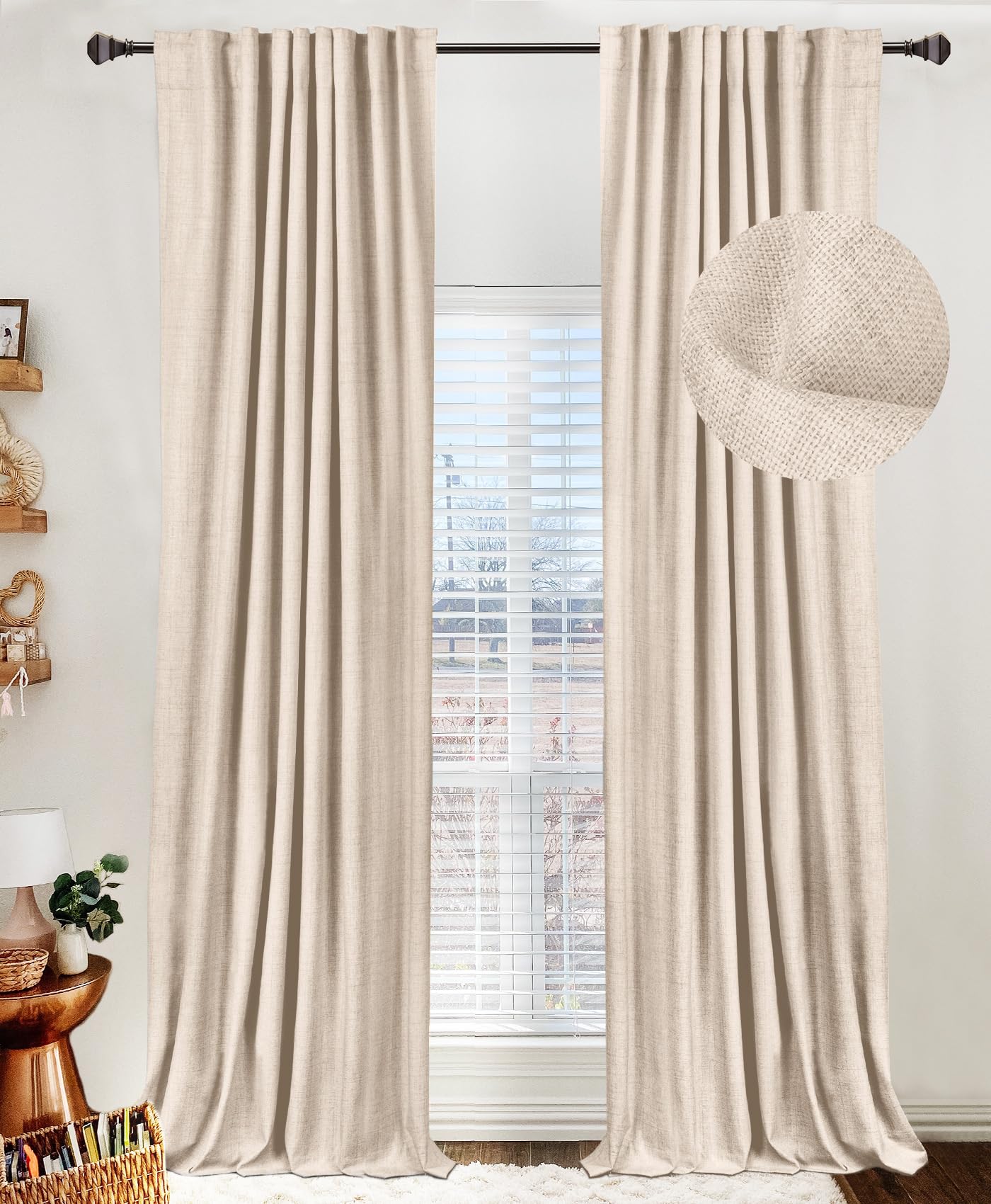 100% Blackout Shield Linen Blackout Curtains for Bedroom 84 Inches Long, Back Tab/Rod Pocket Living Room Drapes, Thermal Insulated Blackout Curtains 2 Panels Set, 50" W x 84" L, Cream