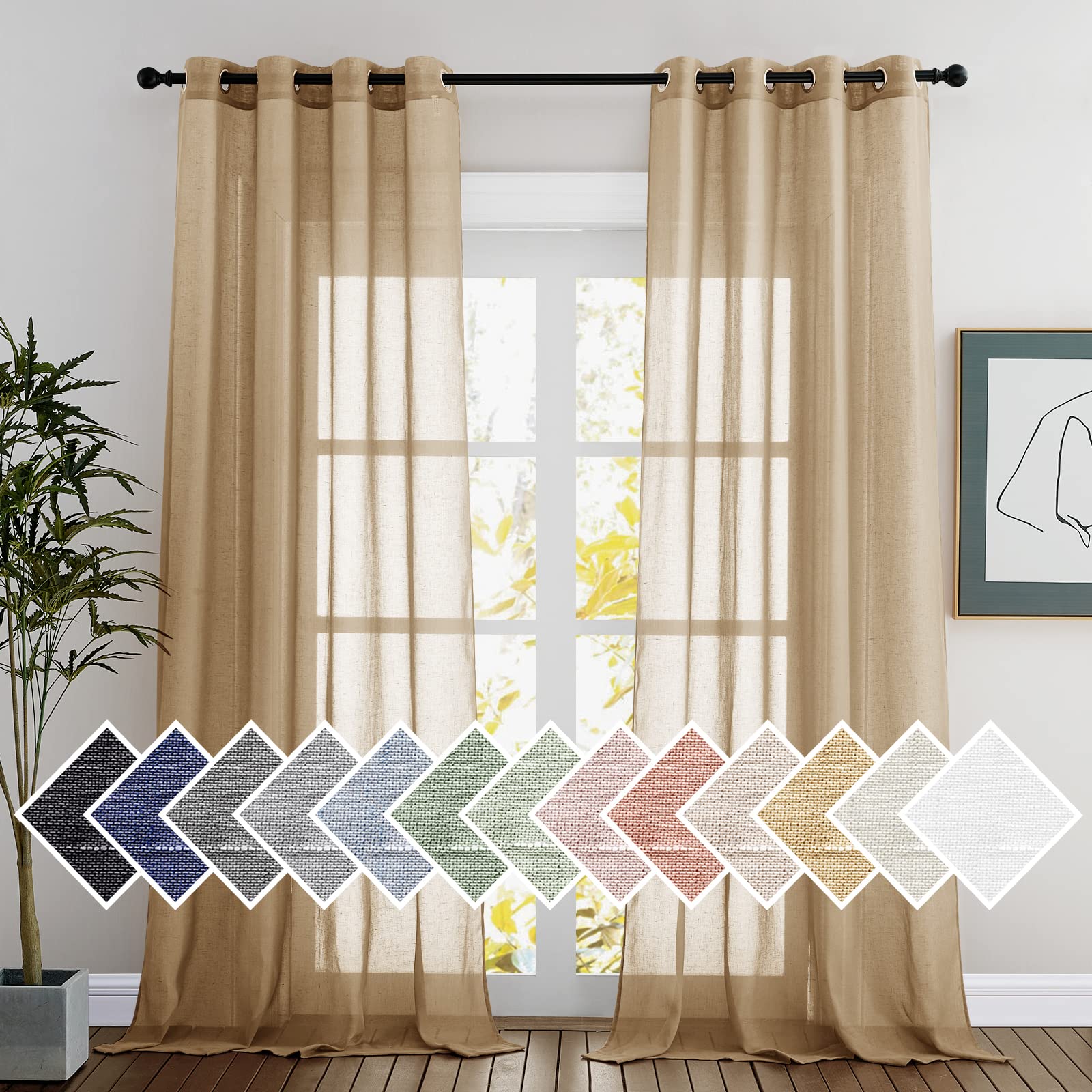 NICETOWN Semi Sheer Beige Curtains 84 inches Long, Grommet Retro Linen Curtains Window Treatments Vertical Drapes Privacy with Light Filter for Living Room, W52 x L84, 2 Panels