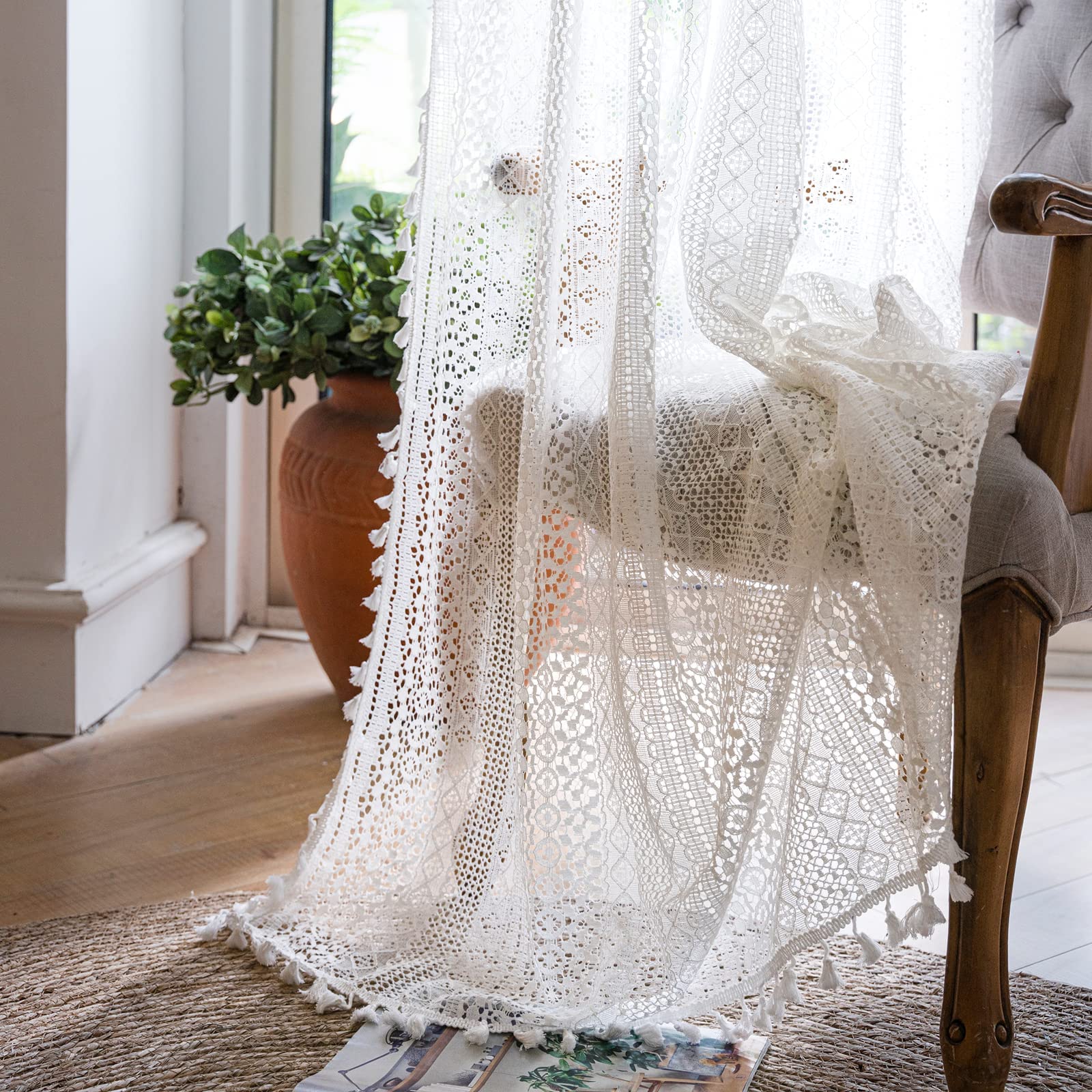 WAZZIO Boho Crochet Curtains for Living Room Lace Curtains 84 Inches Long 2 Panel, Rod Pocket Vintage Tassel Bohemian Decor Geometry Striped Light Filtering Semi Sheer Curtain Drapes for Bedroom,Beige