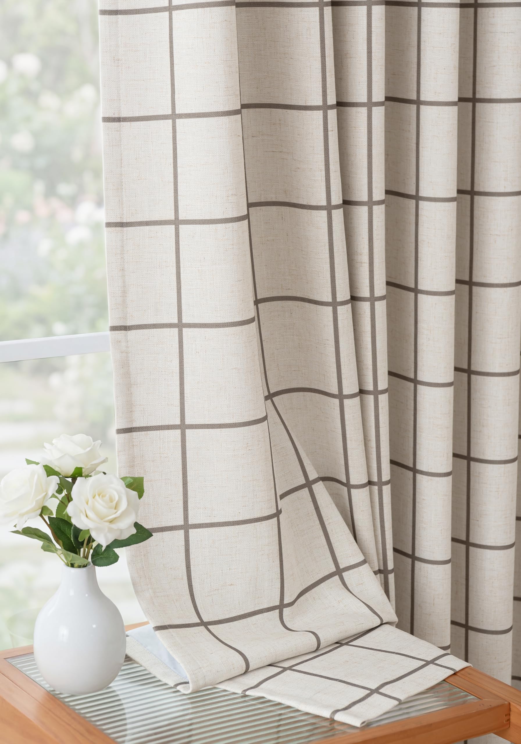 THREE GIRLS Pinch Pleated Plaid Curtains Blackout Linen Gingham Curtains for Living Room,Bedroom Checkered Patterned Insulated 84 Inches Long Double Layer 2 Panels Set Printed Design Darkening