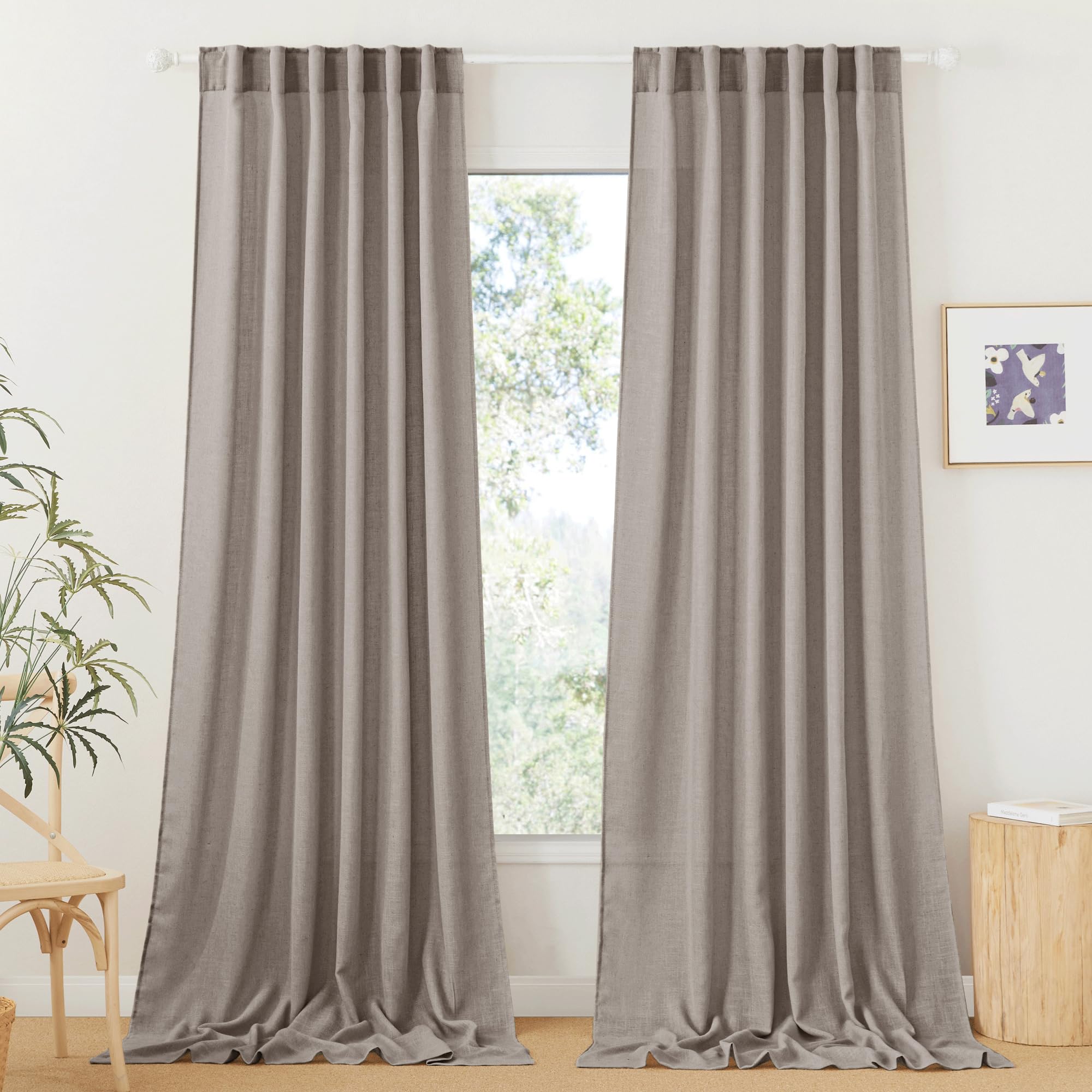 RYB HOME White Sheer Curtains Linen Texture Window Panels, Semi Sheer Light Filetring Rod Pocket & Back Tab Drapes for Bedroom, 52 x 84 inches, Pack of 2