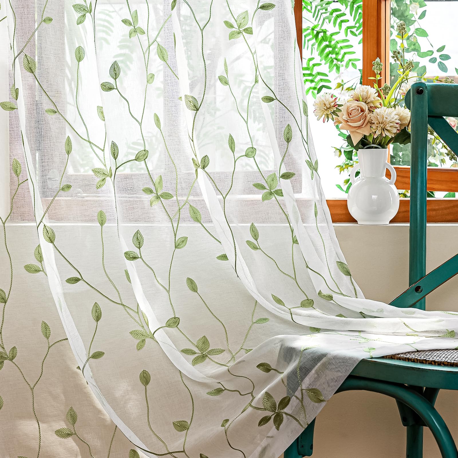 AmHoo 2 Panels Embroidered Leaf Pattern Semi Sheer Curtains Foliage Floral Voile Window Draperies Treatment for Bedroom Living Room Rod Pocket White Sage Green 53 x 84 Inch