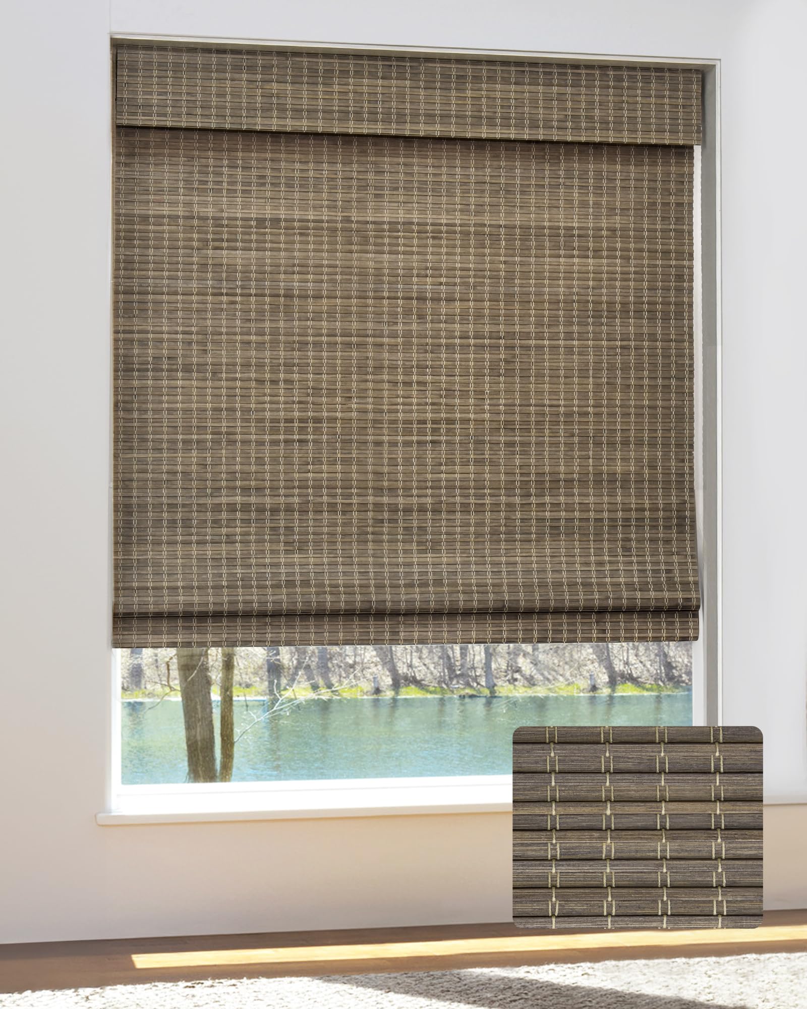 UNISHADES Cordless Bamboo Roman Shades for Windows, Blinds Size (26.5" W ×48" H) Colour (Highfield Teak)