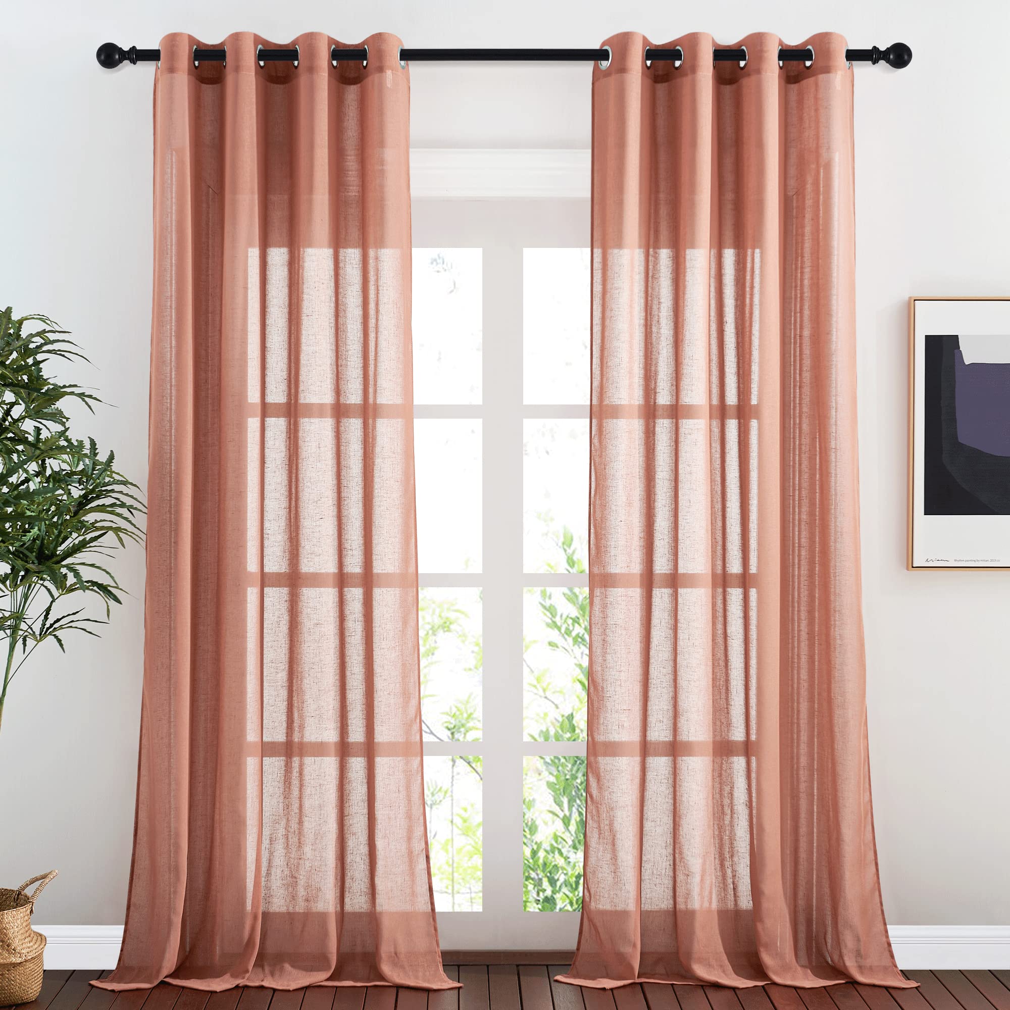 NICETOWN Semi Sheer Beige Curtains 84 inches Long, Grommet Retro Linen Curtains Window Treatments Vertical Drapes Privacy with Light Filter for Living Room, W52 x L84, 2 Panels