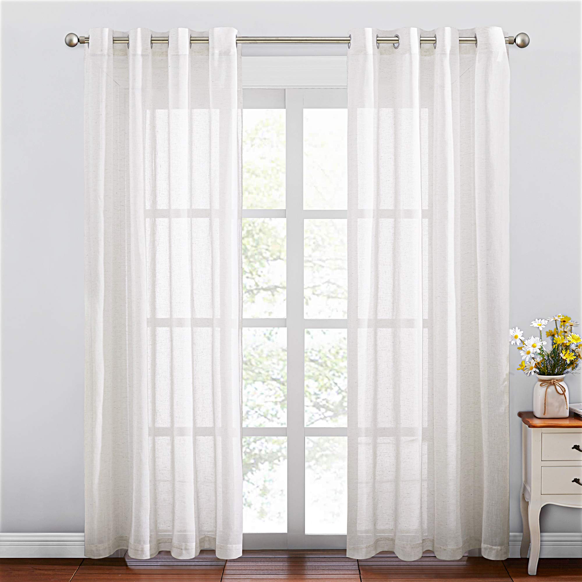 NICETOWN Semi Sheer Beige Curtains 84 inches Long, Grommet Retro Linen Curtains Window Treatments Vertical Drapes Privacy with Light Filter for Living Room, W52 x L84, 2 Panels