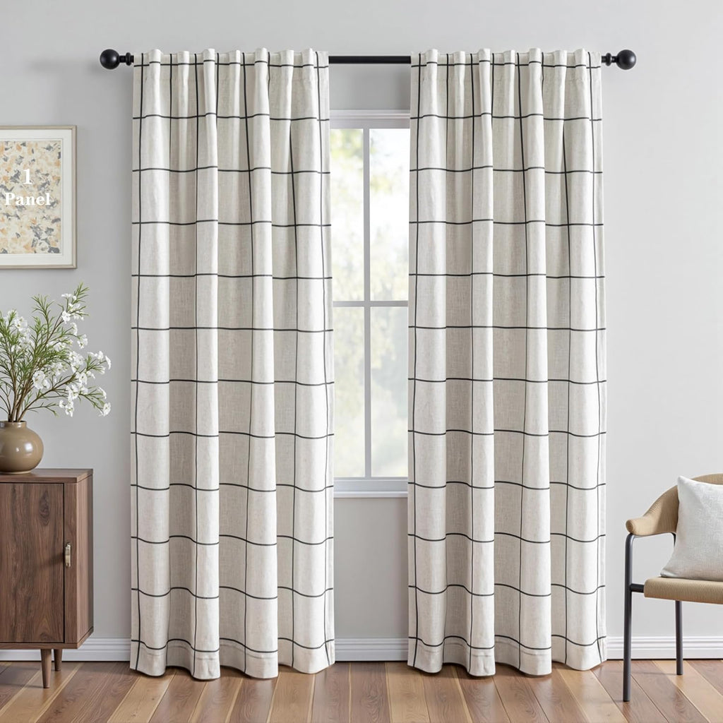 MYSKY HOME 100% Blackout Plaid Farmhouse Linen Curtains 84 Inch Long for Living Room Double Layer Windowpane Drapes Thermal Insulated Privacy Protection Rod Pocket Back Tab, 52" W, Black, 1 Panel