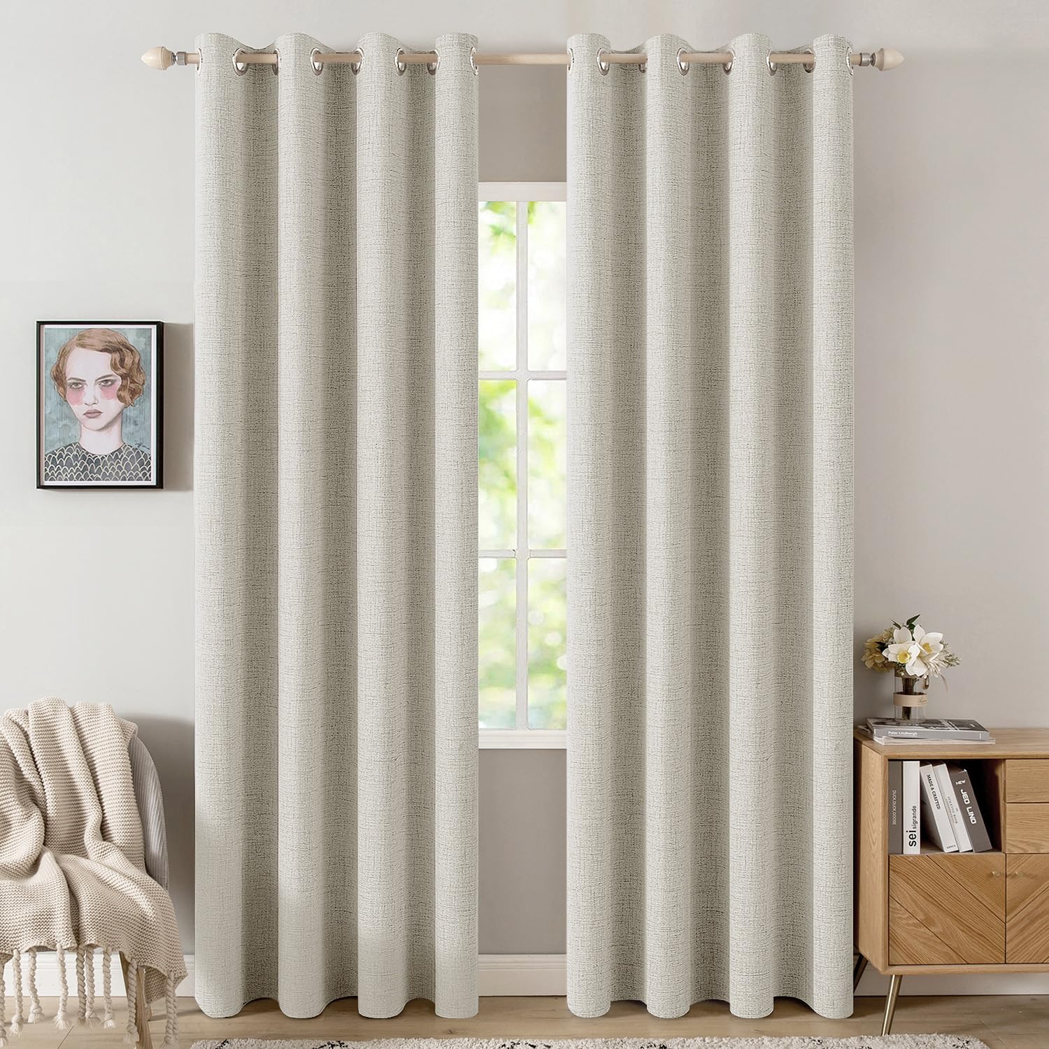 MIULEE 90 Inches Linen Textured Curtains for Bedroom 100% Blackout Thermal Insulated Natural Beige Grommet Room Darkening Curtains & Drapes Luxury Decor for Living Room Nursery 52 x 90 Inch (2 Panels)