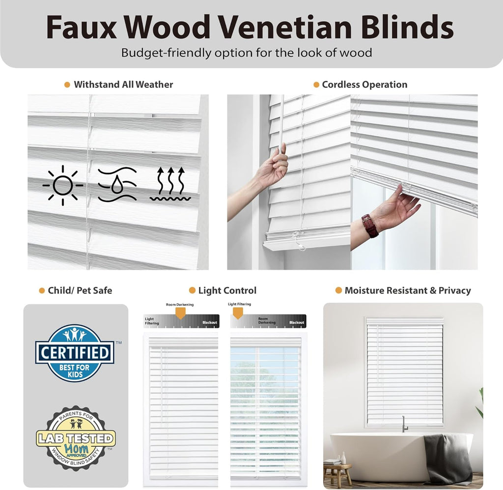 DEZ FURNISHINGS Cordless 2" Signature Faux Wood Blind, 46" W x 48" H, Embossed White