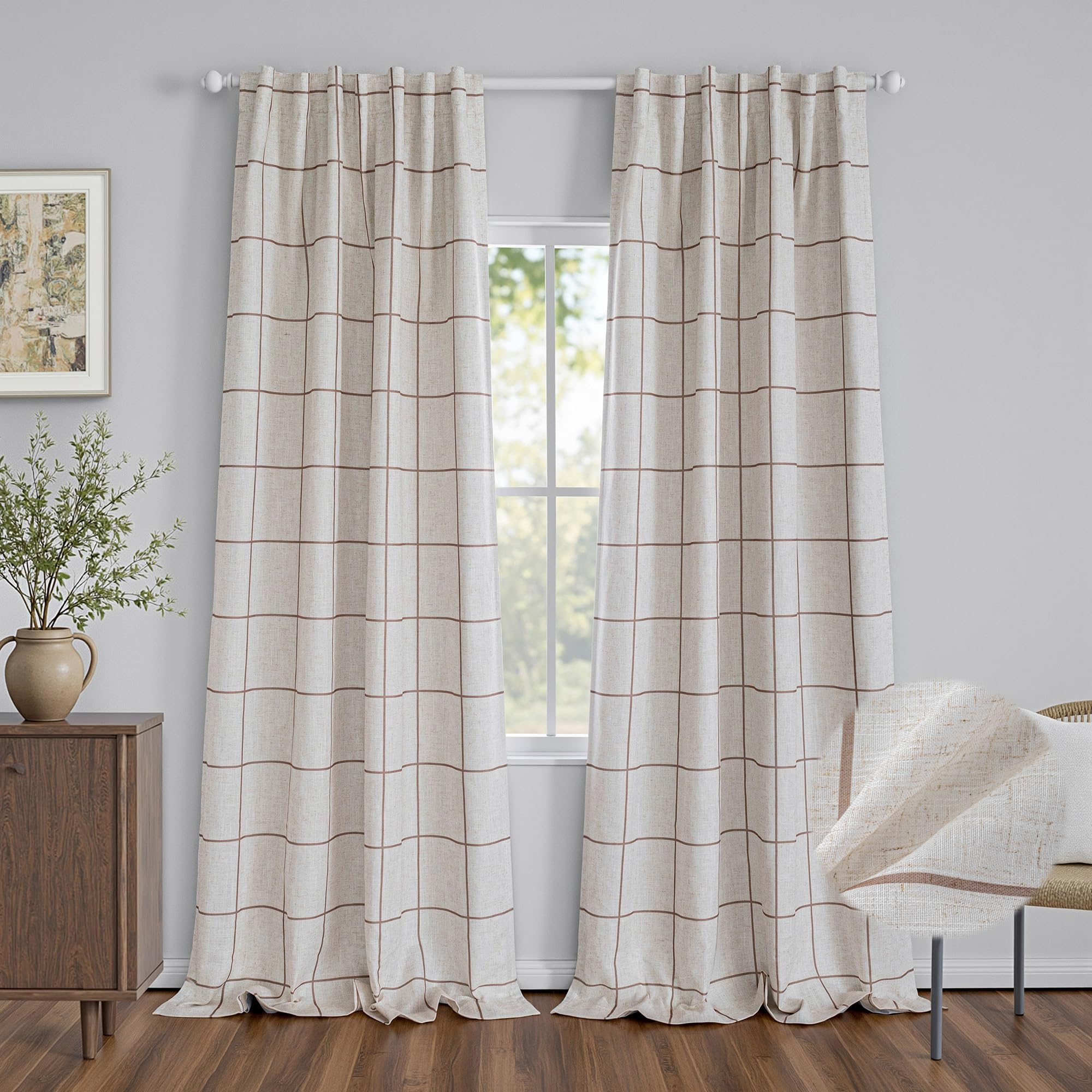 MYSKY HOME 100% Blackout Plaid Farmhouse Linen Curtains 84 Inch Long for Living Room Double Layer Windowpane Drapes Thermal Insulated Privacy Protection Rod Pocket Back Tab, 52" W, Black, 1 Panel