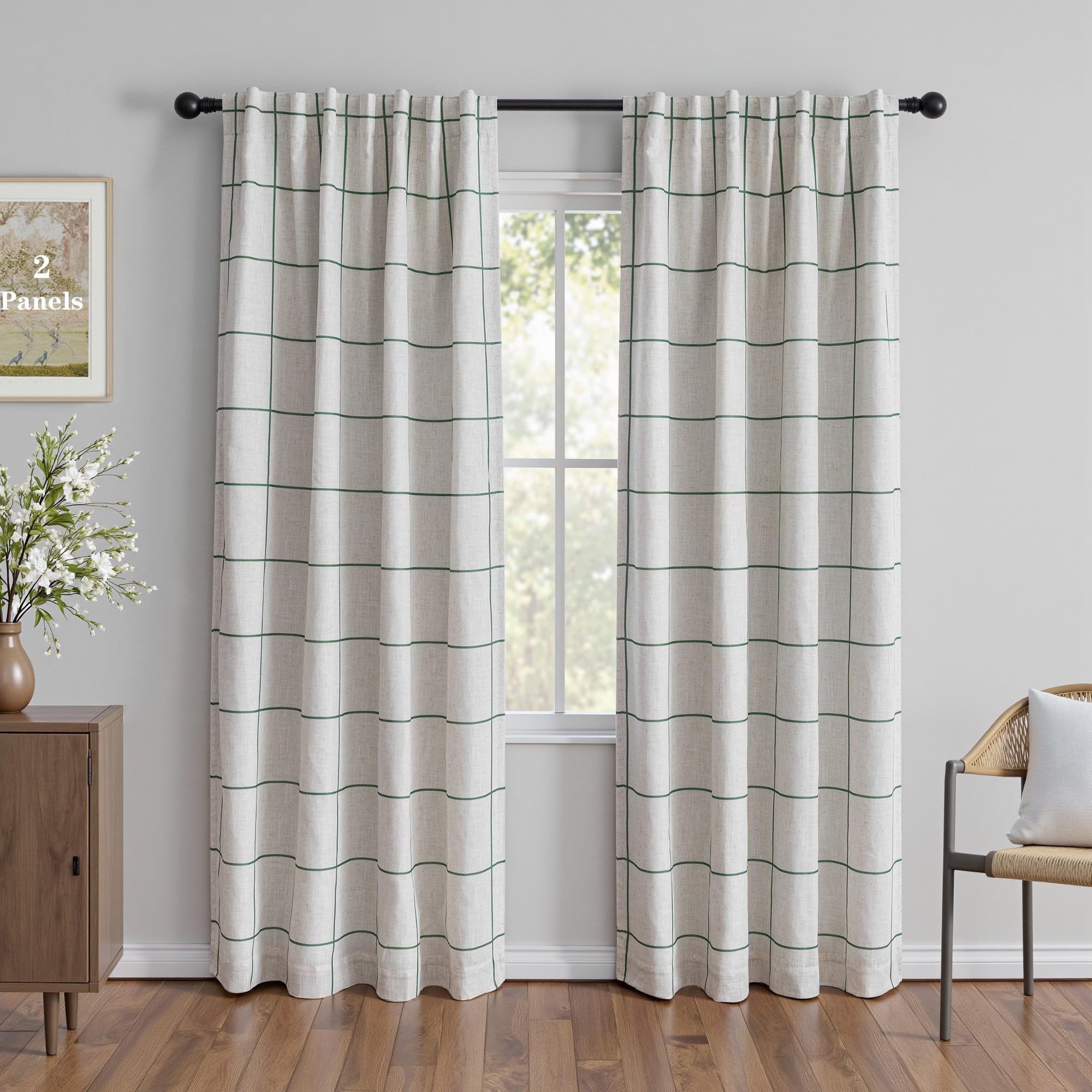 MYSKY HOME 100% Blackout Plaid Farmhouse Linen Curtains 84 Inch Long for Living Room Double Layer Windowpane Drapes Thermal Insulated Privacy Protection Rod Pocket Back Tab, 52" W, Black, 1 Panel
