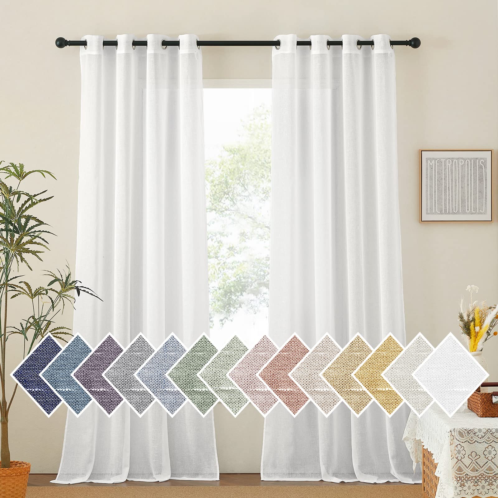 NICETOWN Semi Sheer Beige Curtains 84 inches Long, Grommet Retro Linen Curtains Window Treatments Vertical Drapes Privacy with Light Filter for Living Room, W52 x L84, 2 Panels