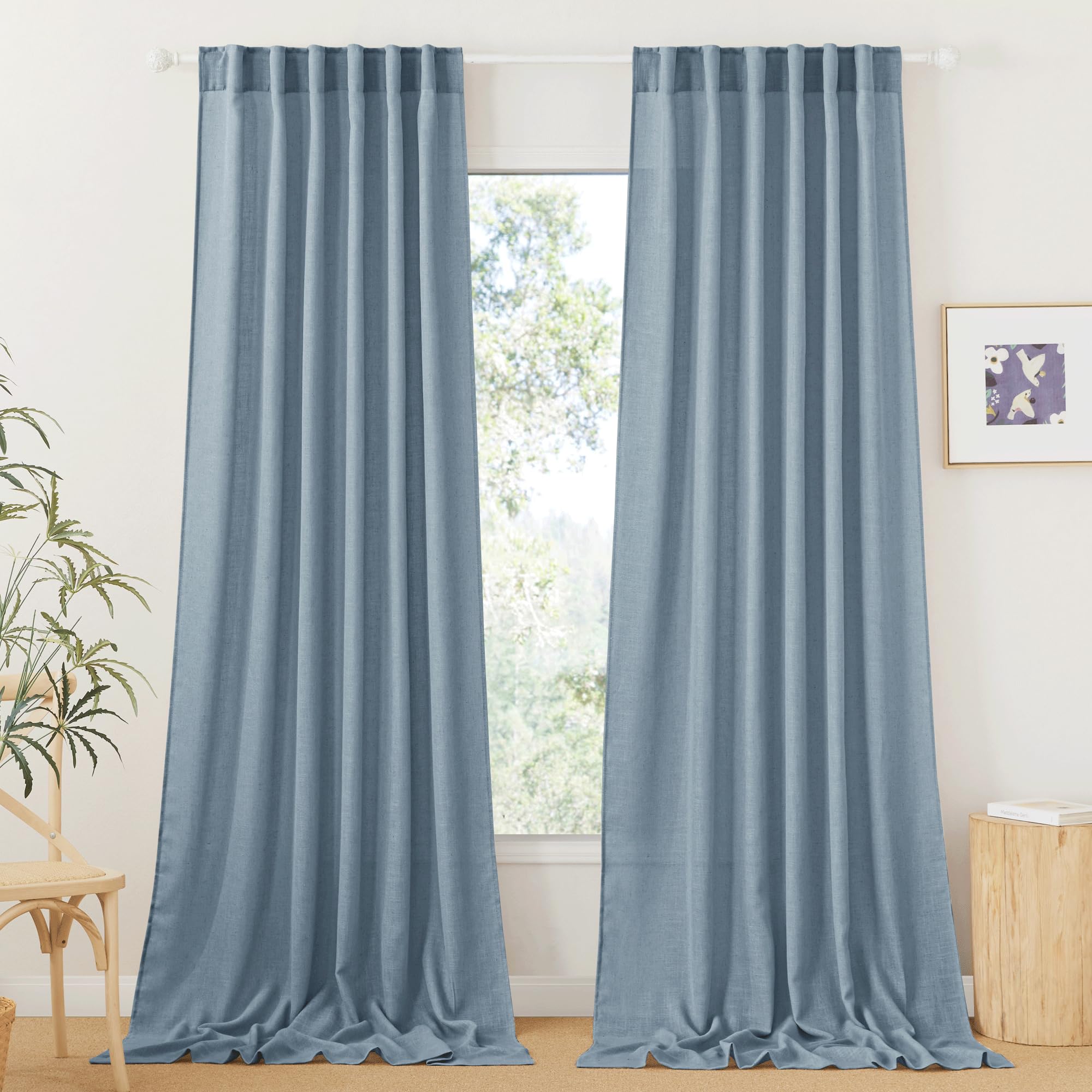 RYB HOME White Sheer Curtains Linen Texture Window Panels, Semi Sheer Light Filetring Rod Pocket & Back Tab Drapes for Bedroom, 52 x 84 inches, Pack of 2
