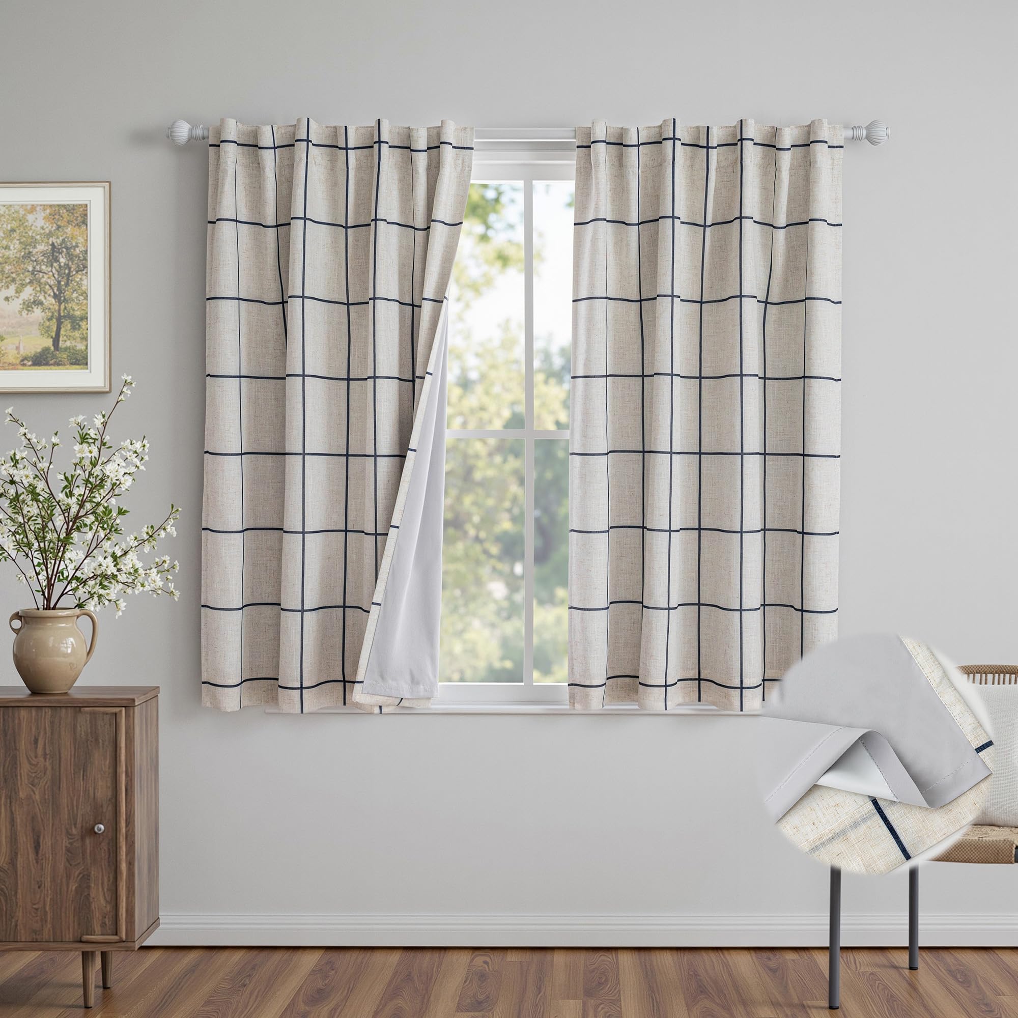 MYSKY HOME 100% Blackout Plaid Farmhouse Linen Curtains 84 Inch Long for Living Room Double Layer Windowpane Drapes Thermal Insulated Privacy Protection Rod Pocket Back Tab, 52" W, Black, 1 Panel