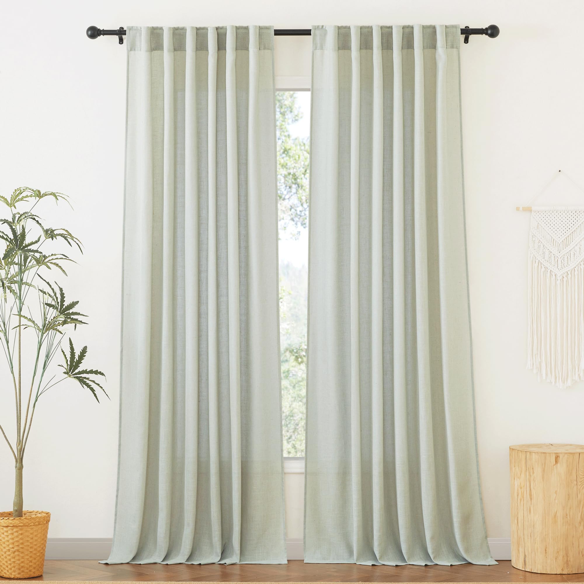 RYB HOME White Sheer Curtains Linen Texture Window Panels, Semi Sheer Light Filetring Rod Pocket & Back Tab Drapes for Bedroom, 52 x 84 inches, Pack of 2
