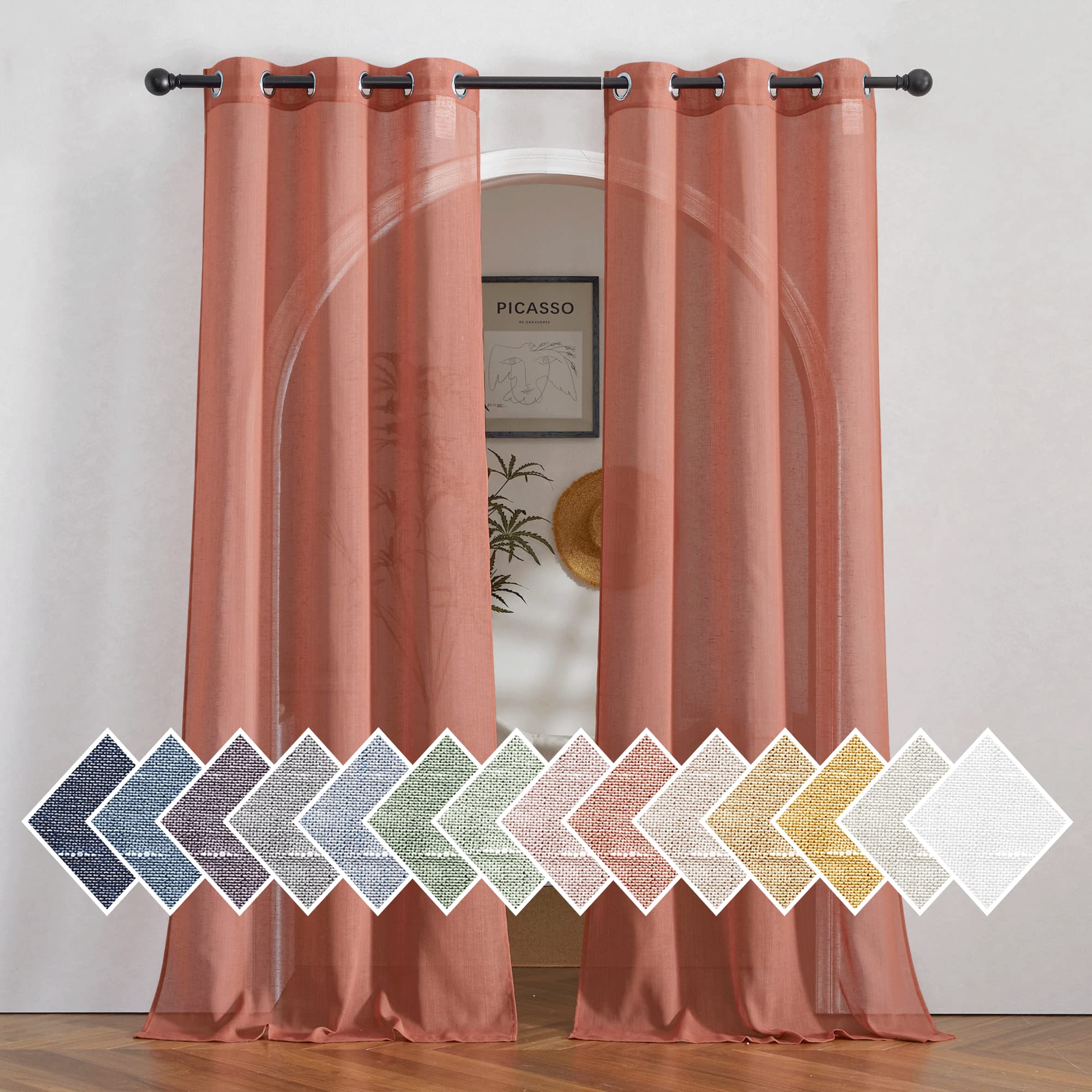 NICETOWN Semi Sheer Beige Curtains 84 inches Long, Grommet Retro Linen Curtains Window Treatments Vertical Drapes Privacy with Light Filter for Living Room, W52 x L84, 2 Panels