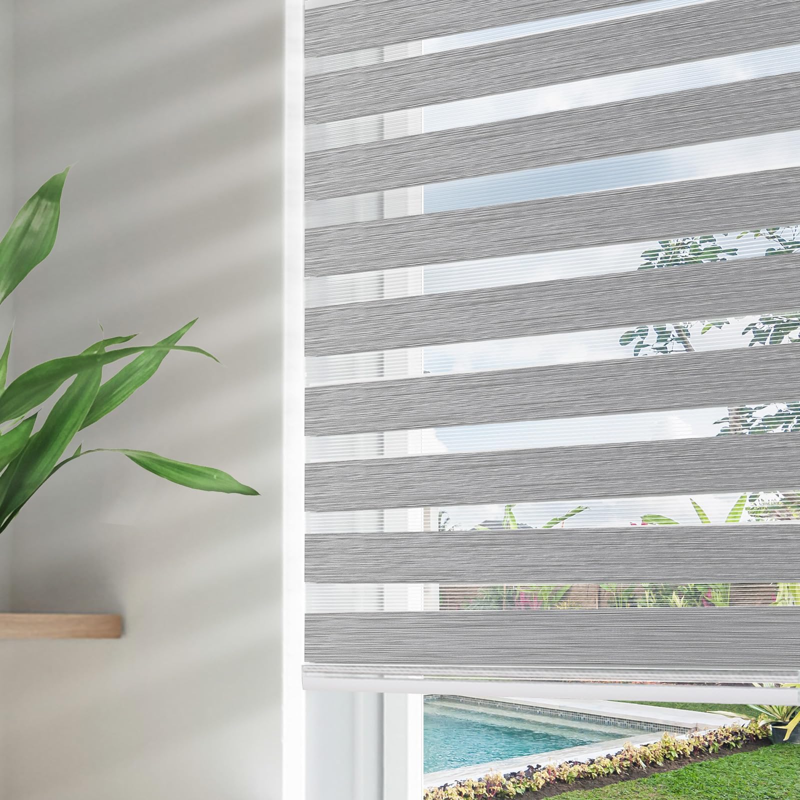 Joydeco Cordless Zebra Blinds for Windows, Dual Layer Free-Stop Zebra Shades Privacy Light Control for Day and Night, Light Filtering Sheer Blinds for Indoor Windows (Grey, 34" W x 75" H)