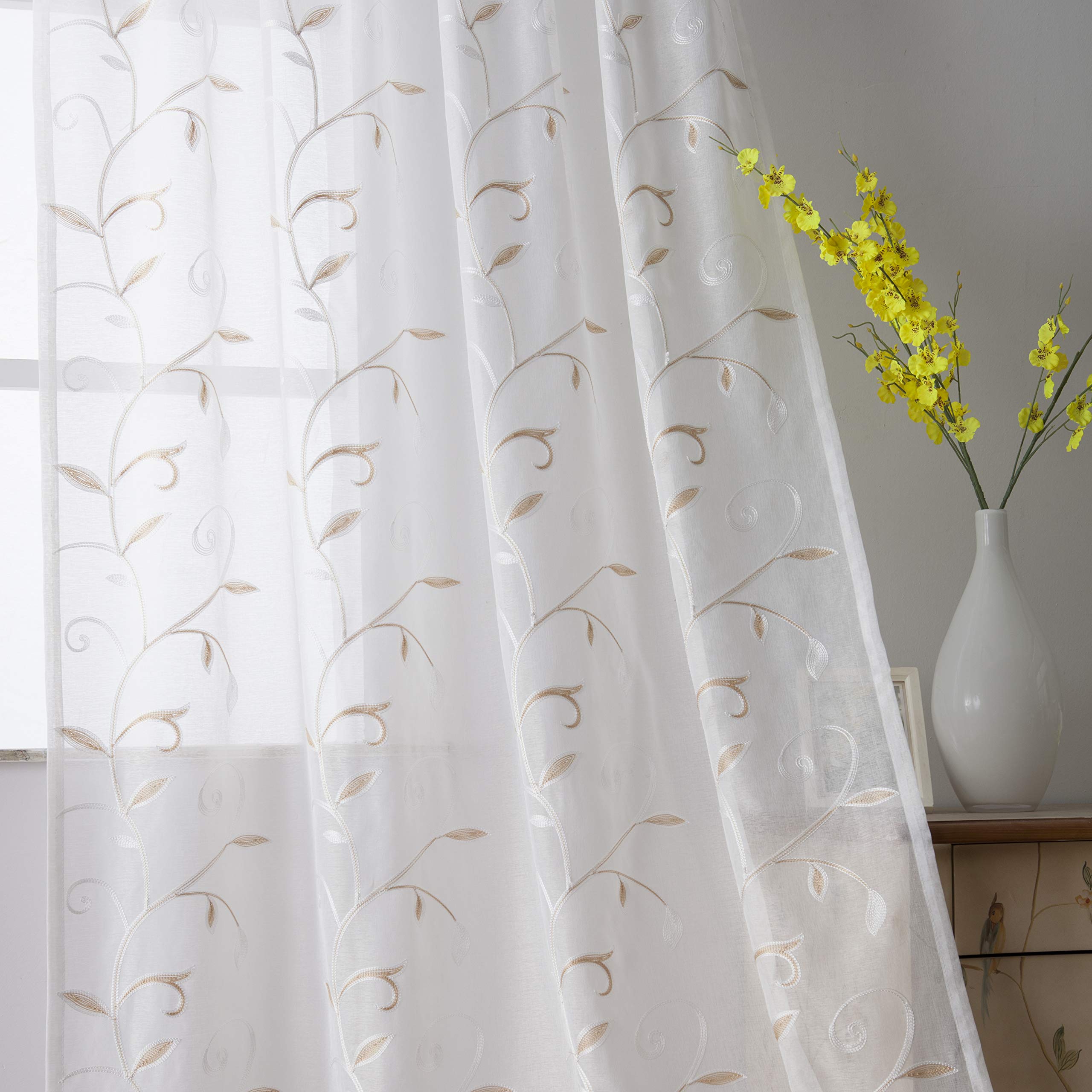 VISIONTEX Sheer Curtains 84 Inches Long 2 Panels Set Cream Beige Embroidered Floral Leaf Pattern Rod Pocket Semi Sheer Voile Window Curtains/Drapes for Bedroom Living Room 54 x 84 Inches