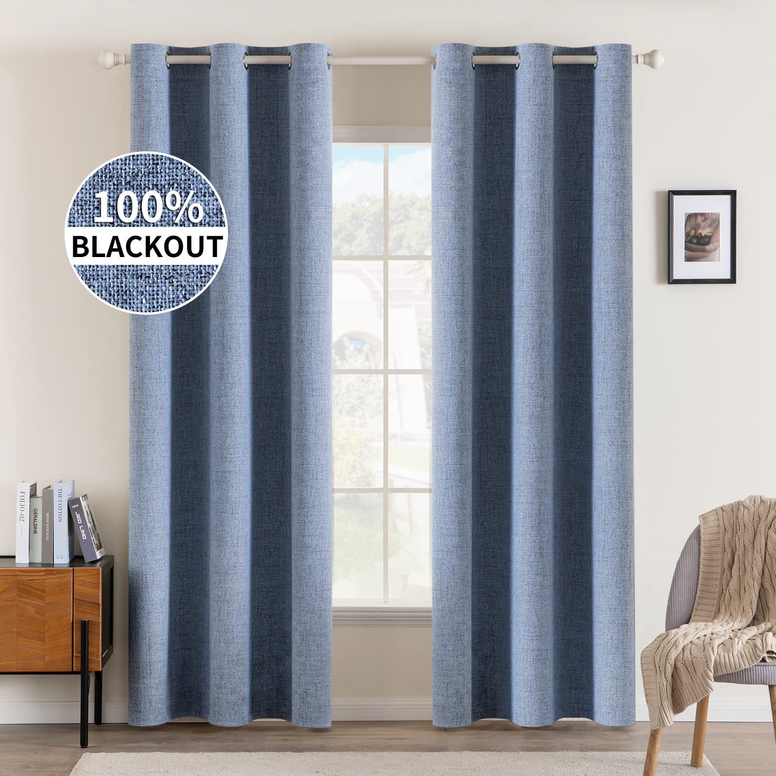 MIULEE 90 Inches Linen Textured Curtains for Bedroom 100% Blackout Thermal Insulated Natural Beige Grommet Room Darkening Curtains & Drapes Luxury Decor for Living Room Nursery 52 x 90 Inch (2 Panels)