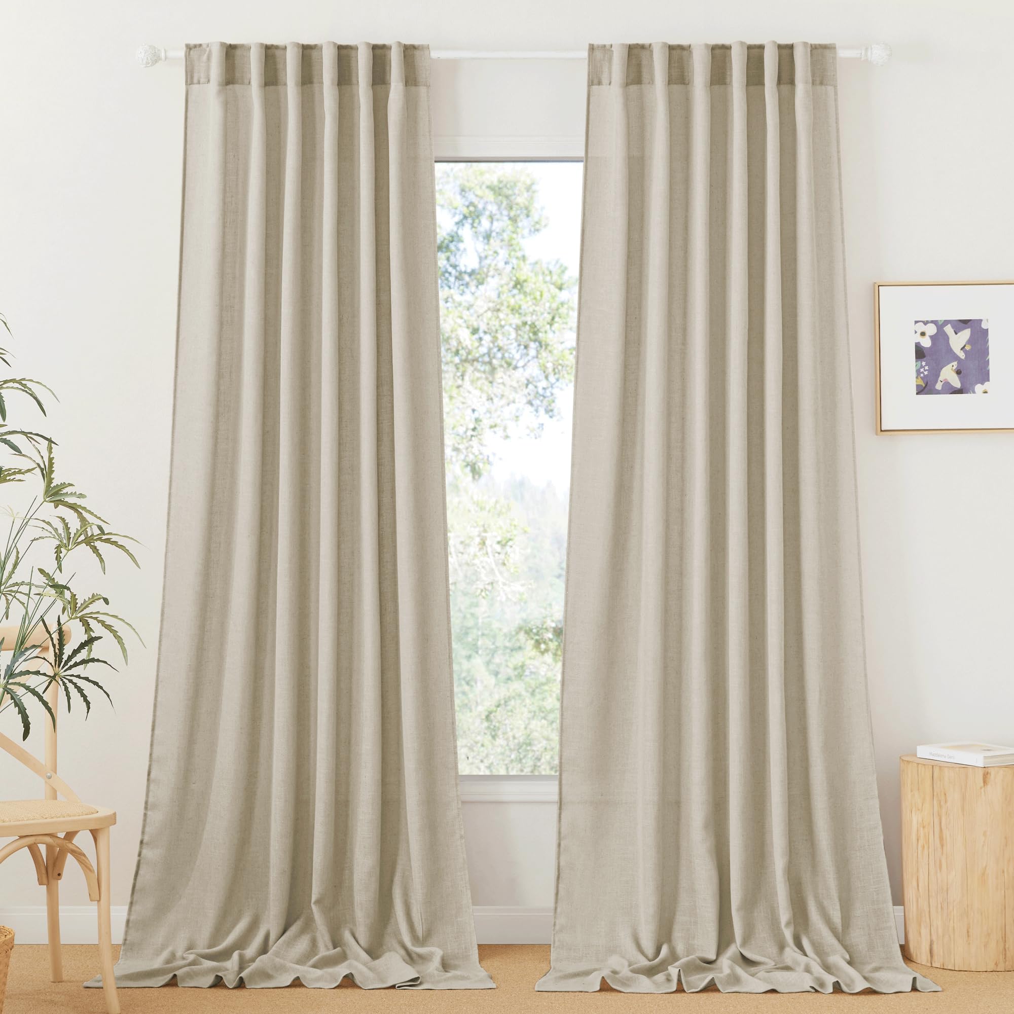 RYB HOME White Sheer Curtains Linen Texture Window Panels, Semi Sheer Light Filetring Rod Pocket & Back Tab Drapes for Bedroom, 52 x 84 inches, Pack of 2